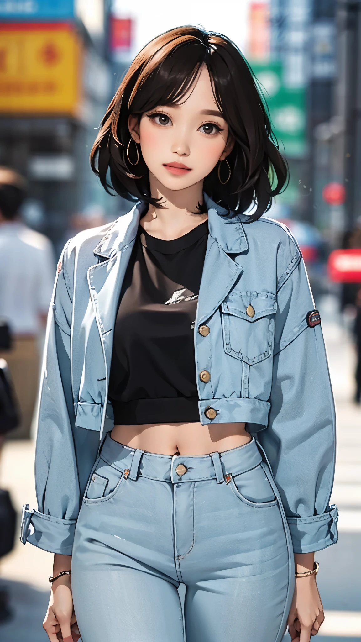 (masterpiece, best quality), beautiful woman, cute printed cropped shirt, jacket, jeans, short wavy hair, headband, asymmetrical bangs, perfect face, beautiful face, alluring, big gorgeous eyes, soft smile, perfect slim fit body, city streets, seoul, bright colors