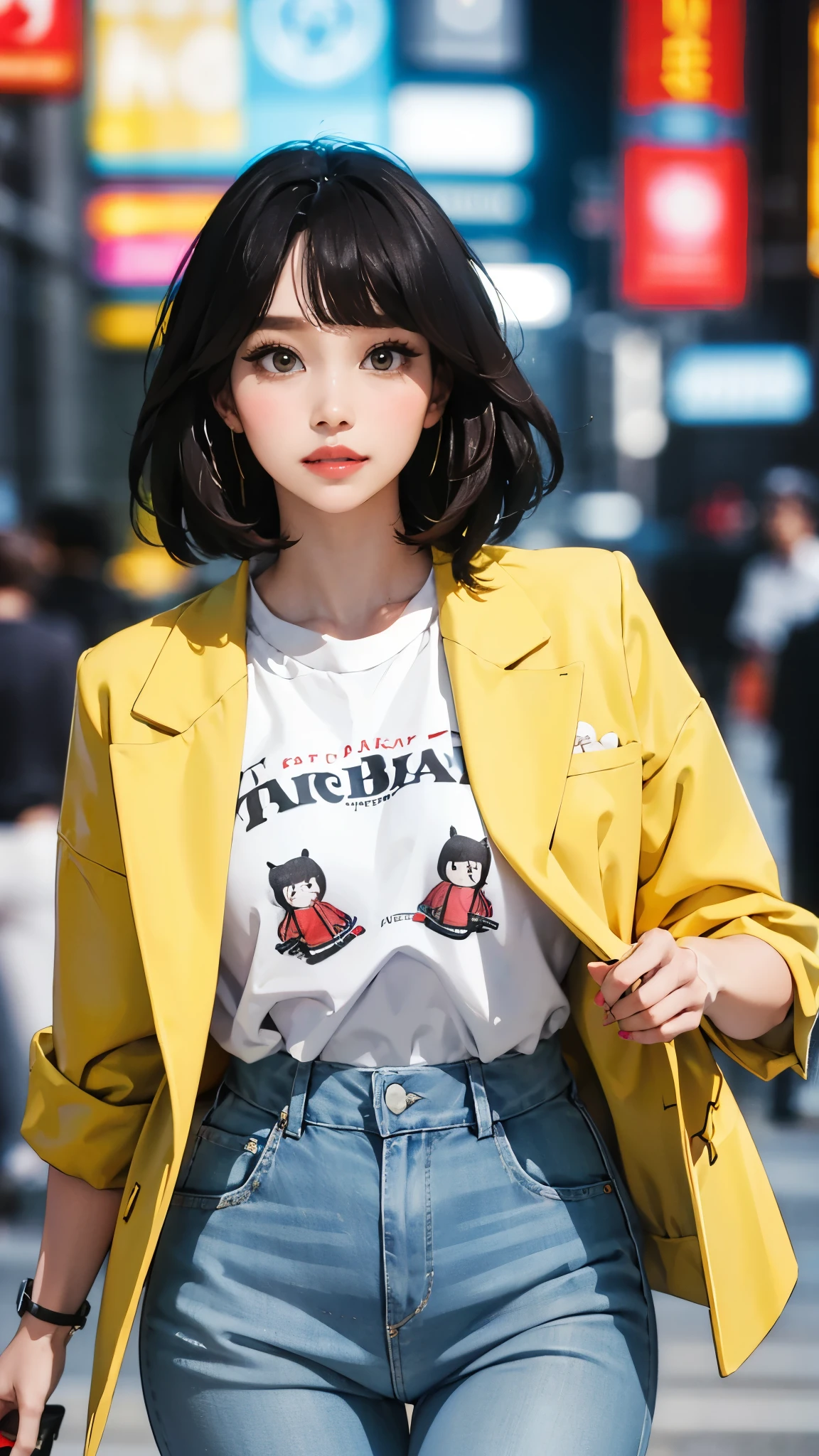 (masterpiece, best quality), beautiful woman, cute printed cropped shirt, jacket, jeans, short wavy hair, headband, asymmetrical bangs, perfect face, beautiful face, alluring, big gorgeous eyes, soft smile, perfect slim fit body, city streets, seoul, bright colors