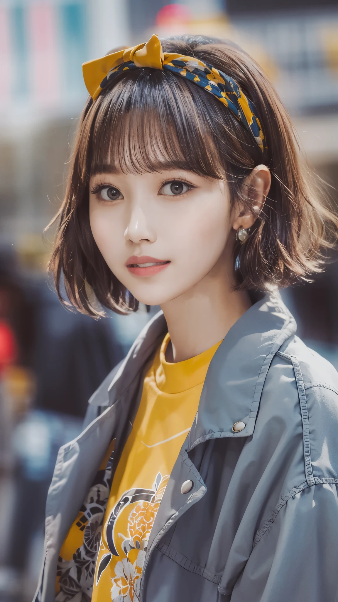(masterpiece, best quality), beautiful woman, cute printed cropped shirt, jacket, jeans, short wavy hair, headband, asymmetrical bangs, perfect face, beautiful face, alluring, big gorgeous eyes, soft smile, perfect slim fit body, city streets, seoul, bright colors