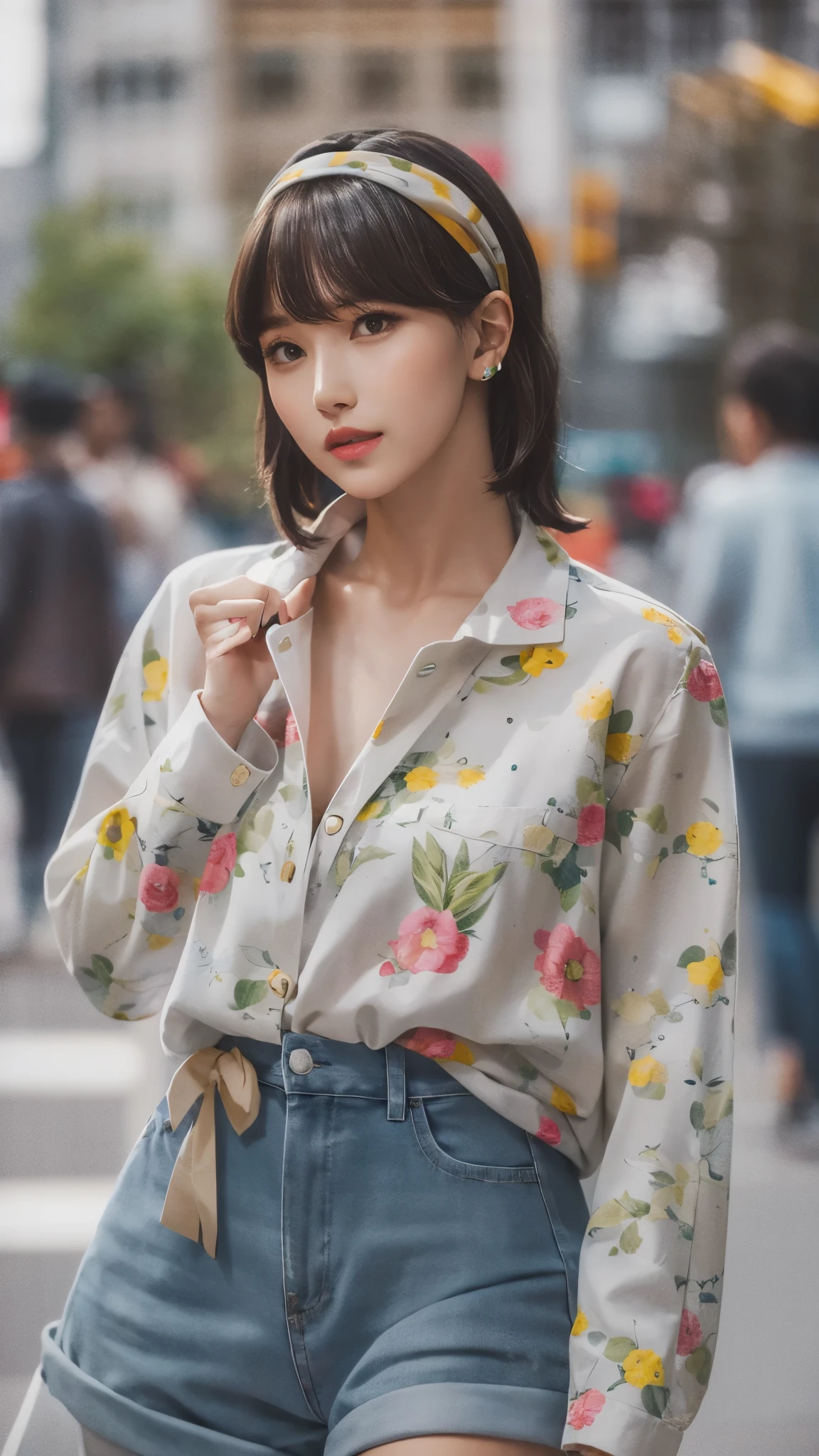 (masterpiece, best quality), beautiful woman, cute printed cropped shirt, jacket, jeans, short wavy hair, headband, asymmetrical bangs, perfect face, beautiful face, alluring, big gorgeous eyes, soft smile, perfect slim fit body, city streets, seoul, bright colors