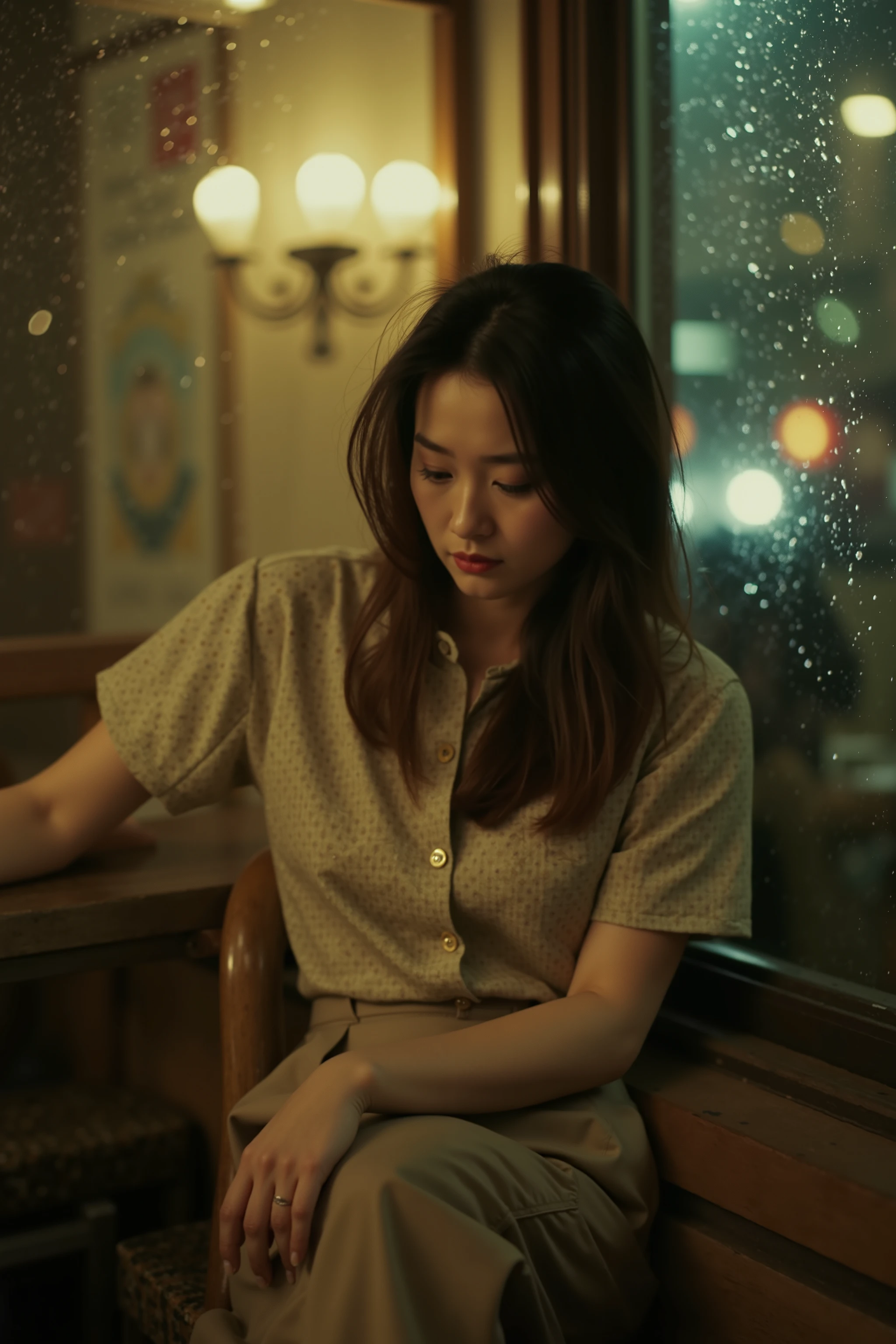 Professional photography, Wong Kar Wai movie lighting style, a charming sorrow Oriental beauty wearing vintage blouse and vintage khaki pants, she has messy long straight hair, she looking down, sitting lean back in corner of restaurant, window with raindrop, set in 80s Hongkong , bokeh