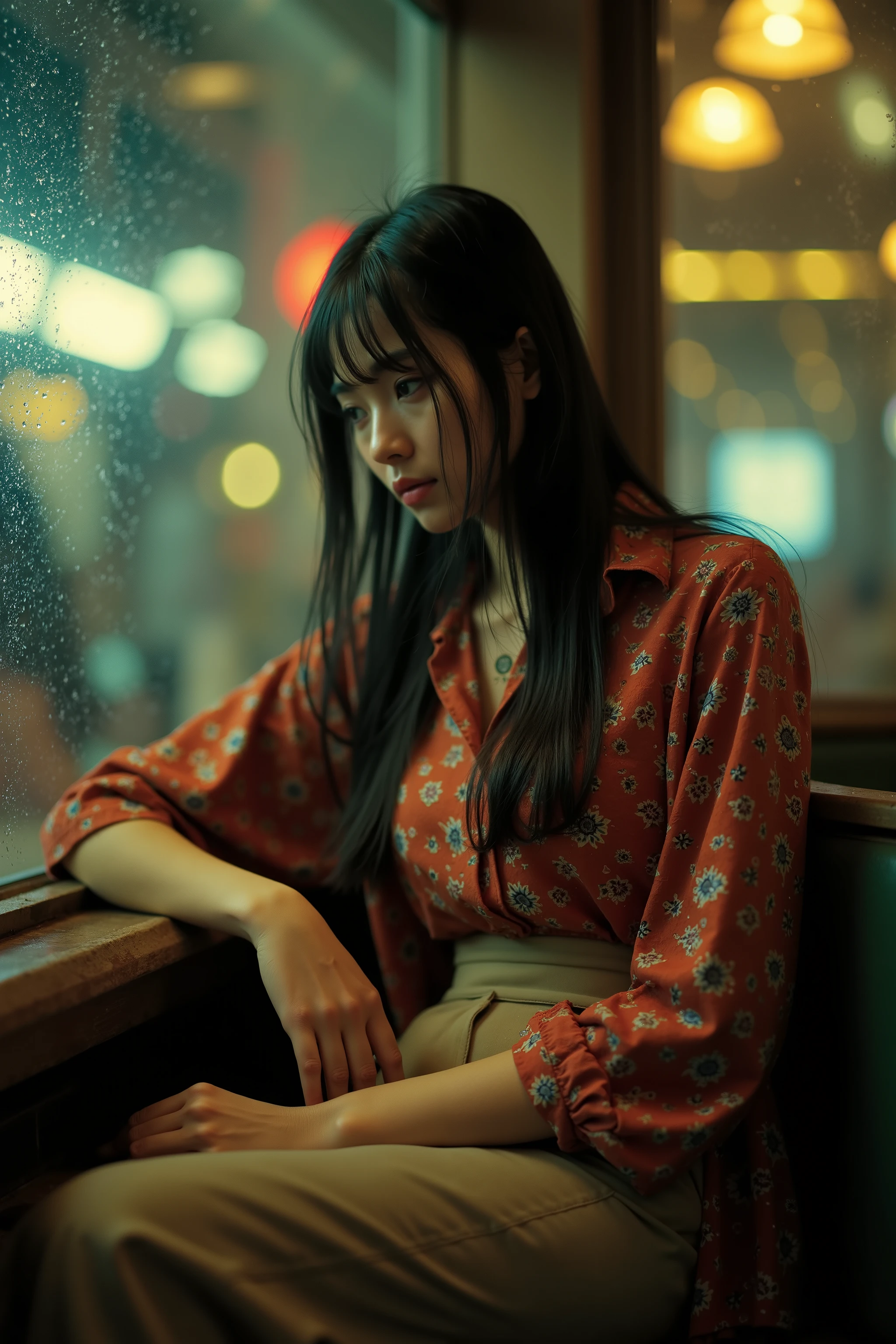 Professional photography, Wong Kar Wai movie lighting style, a charming sorrow Oriental beauty wearing vintage blouse and vintage khaki pants, she has messy long straight hair, she looking down, sitting lean back in corner of restaurant, window with raindrop, set in 80s Hongkong , bokeh