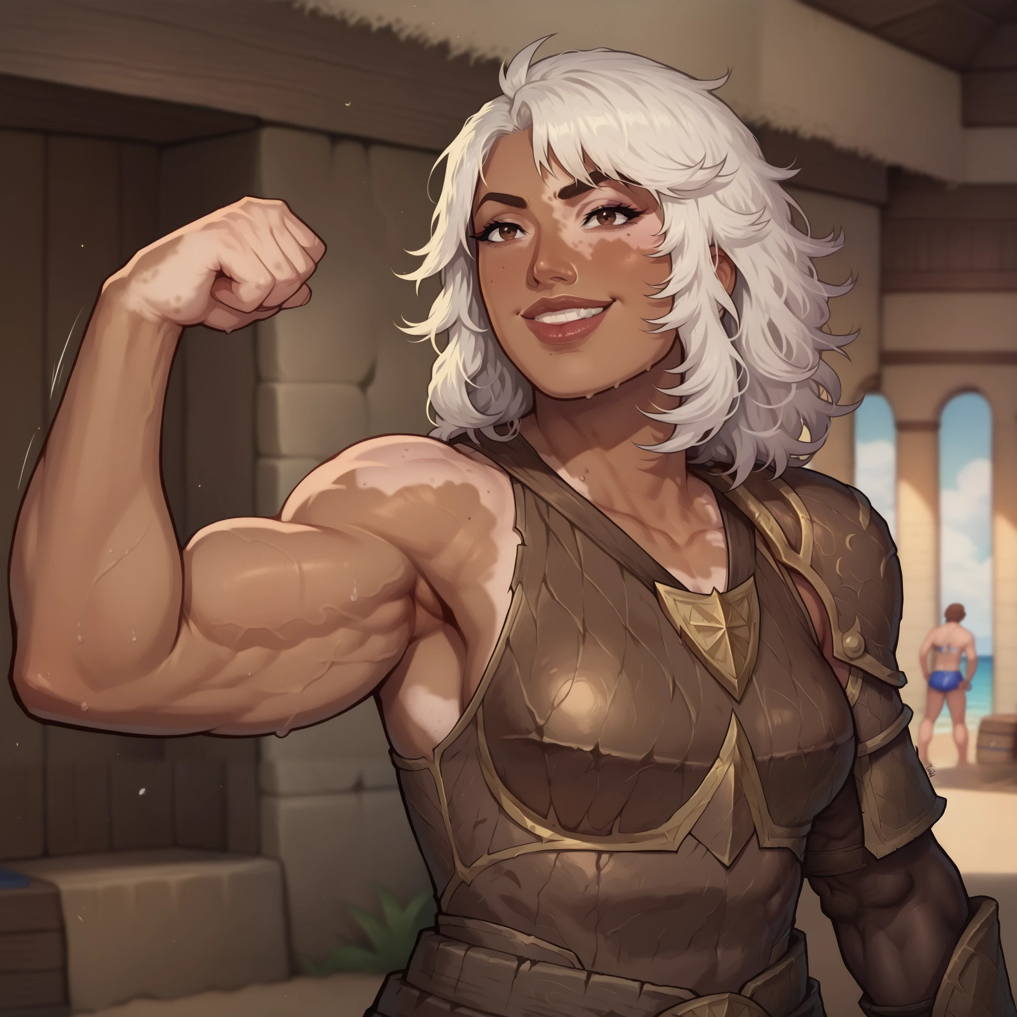 (((beautiful, high quality, comics style, detailed face))), score_9, score_8_up, score_7_up, masterpiece, best quality, unrealistically high details, extremely high quality, ultra high detail, good anatomy, rating_explicit, perfect anatomy, anatomically correct hands:1.5, Detailed, ((detailed background)), zPDXL3, detailxl, Score_PnyReal, front view BREAK solo:1.6, human, 34yo woman, ((vitiligo skin, skin discoloration, body mark)) woman, brown eye, (((wide body, swoll, muscular, muscle))), (square face, high cheekbones, strong jaw line, thick lips), (flat nose, dark skin, dark-skinned), white hair, messy wavy hair, ((grim smile, teeth)), wears a brown leather armor, (fighting stance, motion lines), looking to the viewer, outdoor, fantasy, beach background, blurred background