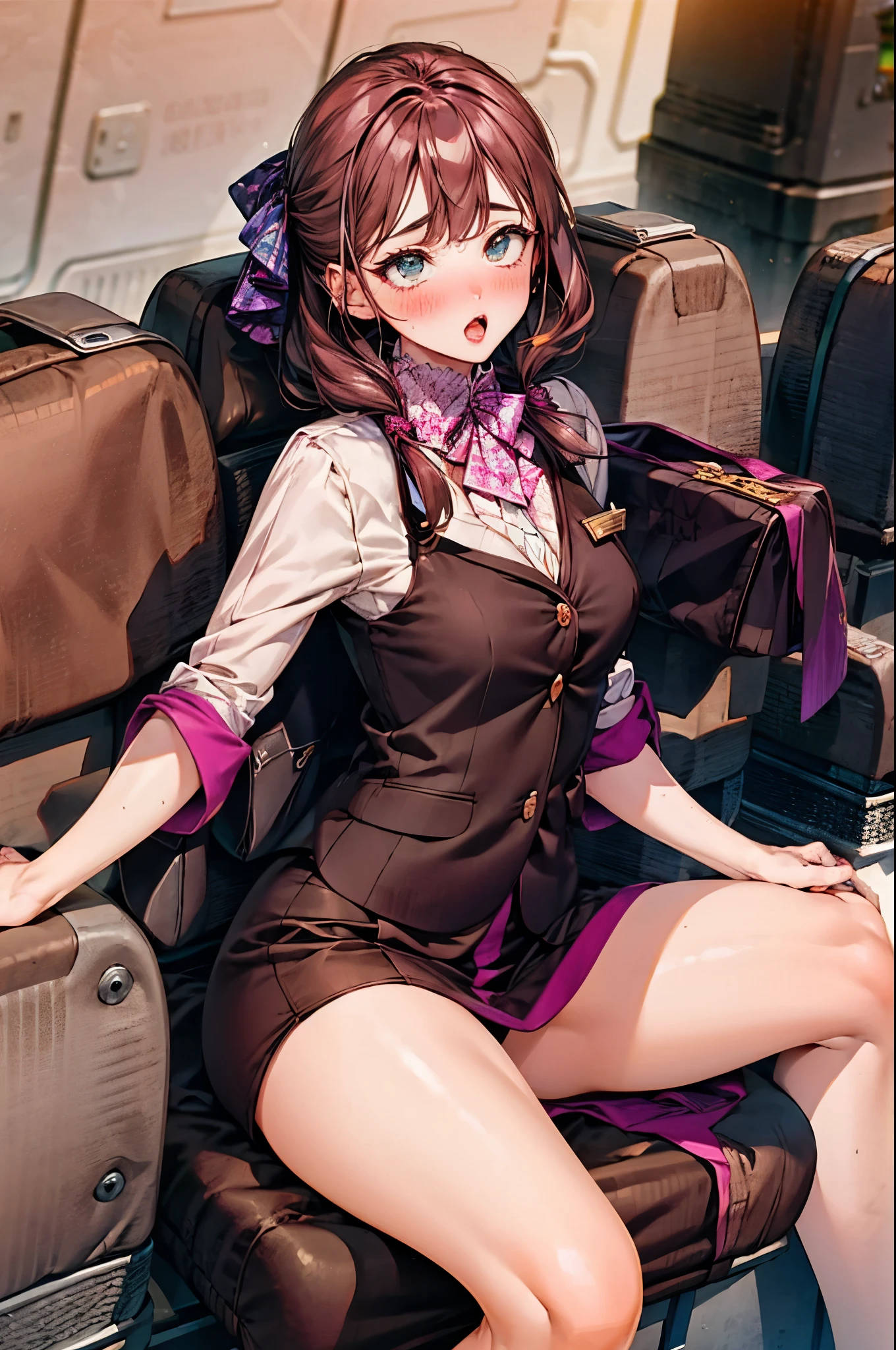 ((masterpiece,best quality)),hair accessories,purple hair,Seductive pose,Cock your ass,cleavage,,A thousand flavors,Beautiful and moving,Touch the right chord,scantily clad,barefaced,,underwear,lace,cute,white pantyhose,sitting,On the plane,whole body,full,