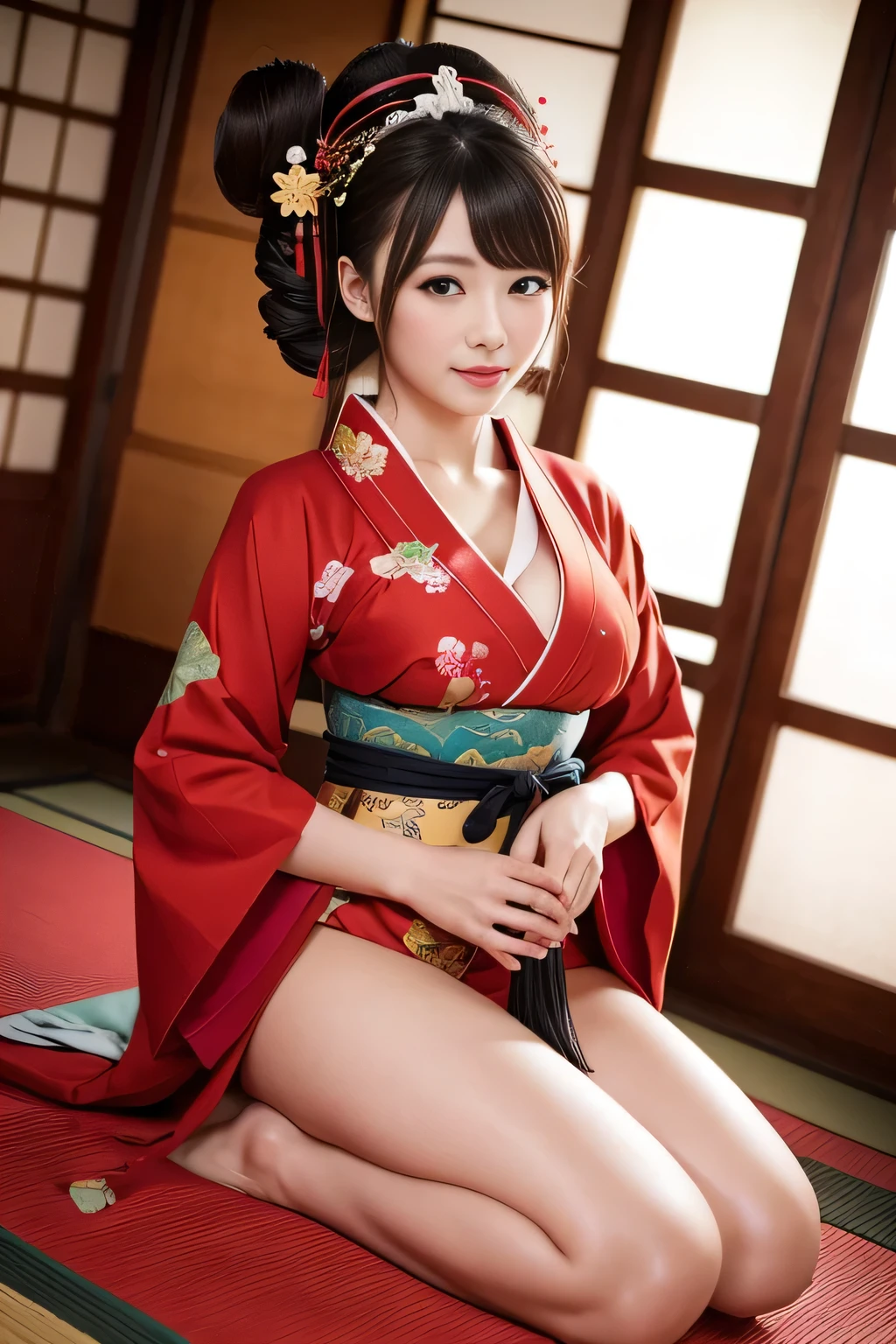 ((Red and white old Chinese kimono:1.2))、1 person、Bob Hair、Beautiful hair ornament、Medium breast、smile、Long raw legs、Toned Legs、masterpiece:1.3、Raw photo quality、Highest quality、Detailed image quality、Detailed Background、Shrine grounds、