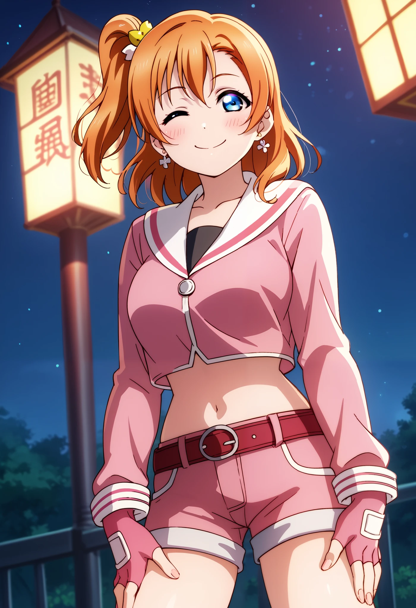 anime style, love live,kousaka honoka , love live, blue eyes, orange hair,earrings, (blushing:1.2) , standing, pink serafuku, long sleeves, black inner shirt, midriff, shorts, fingerless gloves,pink clothes, slightly smile, Chinese place, night, dynamic lighting, detailed shading,solo,1girl, belt, medium hair,wink,big breasts, hands on thighs