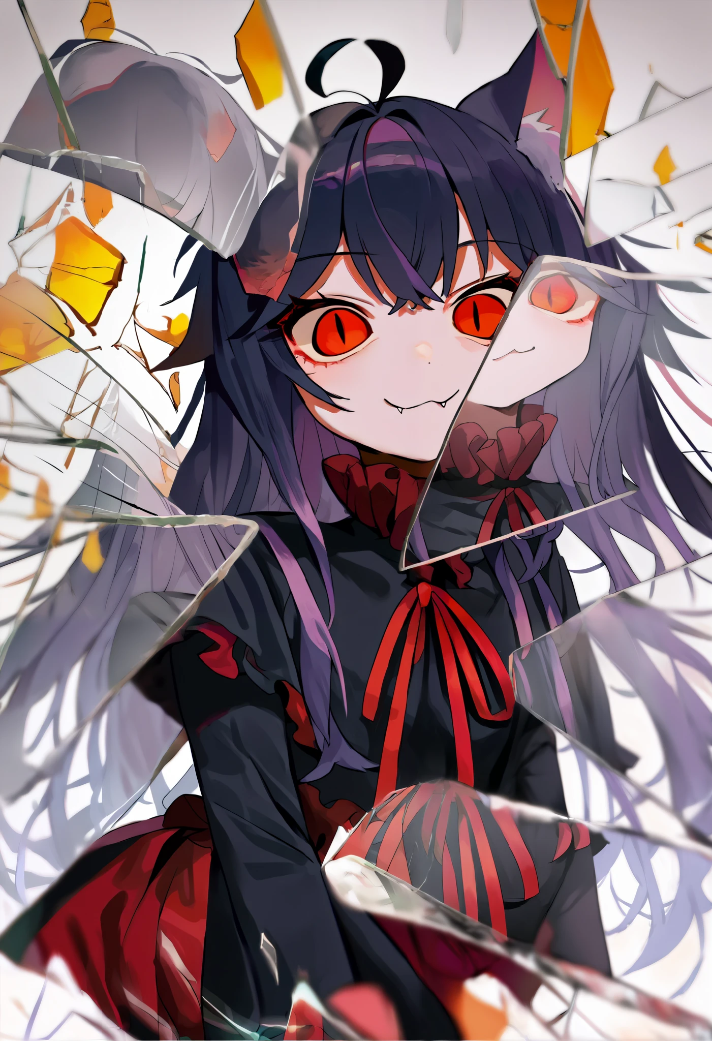 score_9, score_8_up, score_7_up, score_6_up, score_5_up, score_4_up, BREAK, source_cartoon, source_anime,
1girl, , junkotvvxl, ((cat girl, cat ears)), (long hair), ((One multicolorido black hair, (Ahoge), straight bangs,)),, grey hair, long hair, red eyes, bow, black dress, frilled dress, long sleeves, fang, (glowing eyes:0.5)
upper body, smile, looking at viewer, solo, incrsxlbrkngls, broken glass, reflection