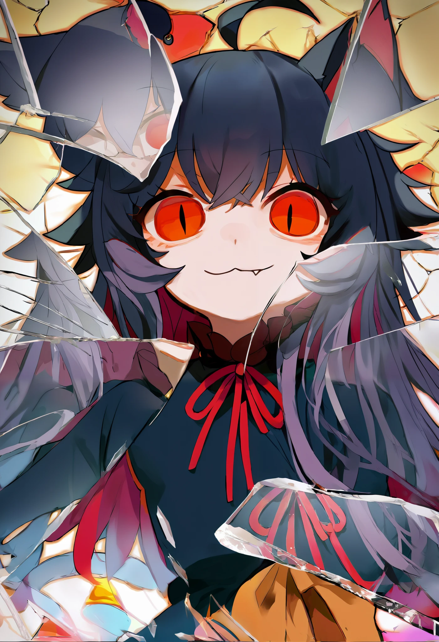 score_9, score_8_up, score_7_up, score_6_up, score_5_up, score_4_up, BREAK, source_cartoon, source_anime,
1girl, , junkotvvxl, ((cat girl, cat ears)), (long hair), ((One multicolorido black hair, (Ahoge), straight bangs,)),, grey hair, long hair, red eyes, bow,  black dress, frilled dress, long sleeves, fang, (glowing eyes:0.5)
upper body, smile, looking at viewer, solo, incrsxlbrkngls, broken glass, reflection    