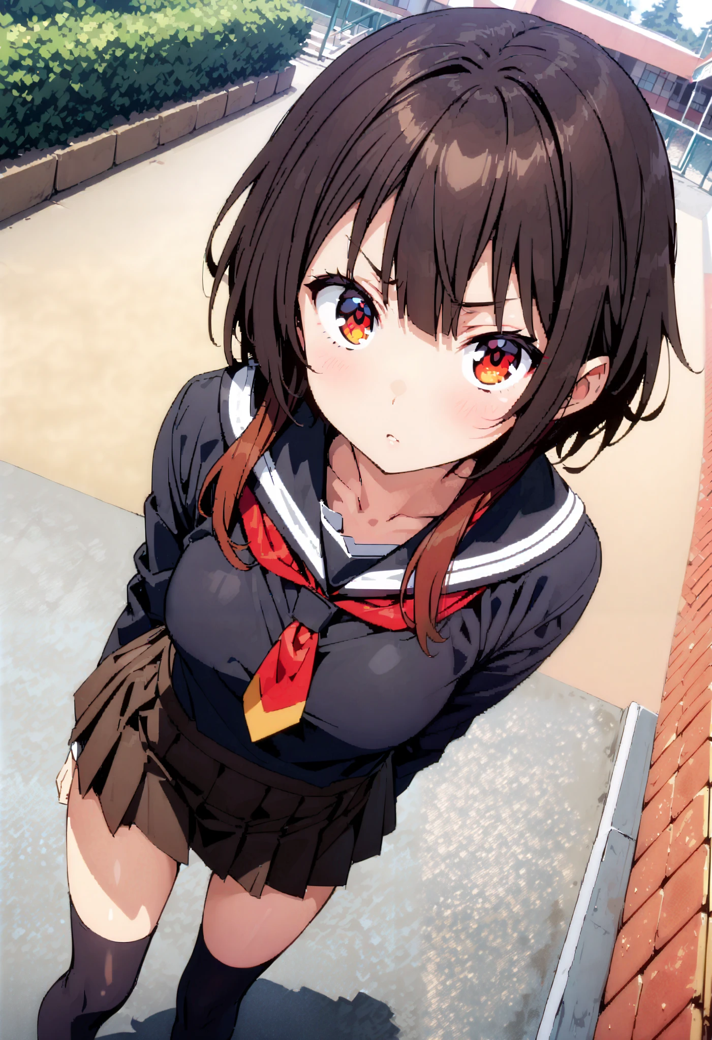 konosubaMegumin, Megumin, short hair while on a business trip, black hair, red eyes, short hair while on a business trip with long locks, angry ,Black sailor suit, black mini pleated skirt , thigh high socks ,Brown loafers, close-up, panties ,, is standing on the stairs, angle from below , lift of the wind ,whole bodyがイラストに入るように, break looking at viewer,whole body,
break outdoors, playground,high school,School building,
break (masterpiece:1.2), best quality , kampala,unity 8k wallpaper,(shape:0.8),( fine, beautiful eyes :1.6),It's a person ,whole body写真,CG Details , (perfect hand, complete anatomy),