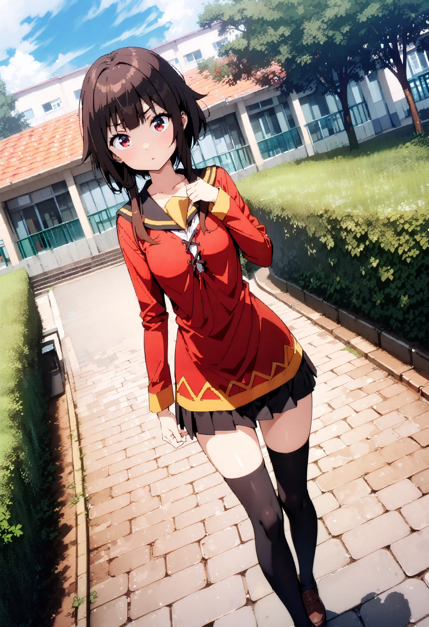 konosubaMegumin, Megumin,  short hair while on a business trip,   black hair,  red eyes,  short hair while on a business trip with long locks, angry ,Black sailor suit, black mini pleated skirt , thigh high socks ,Brown loafers, close-up, panties ,, is standing on the stairs, angle from below , lift of the wind ,whole bodyがイラストに入るように,                                                                          break looking at viewer,whole body,
break outdoors, playground,high school,School building,
break (masterpiece:1.2), best quality  , kampala,unity 8k wallpaper,(shape:0.8),(  fine, beautiful eyes  :1.6),It's a person ,whole body写真,CG Details , (perfect hand, complete anatomy),