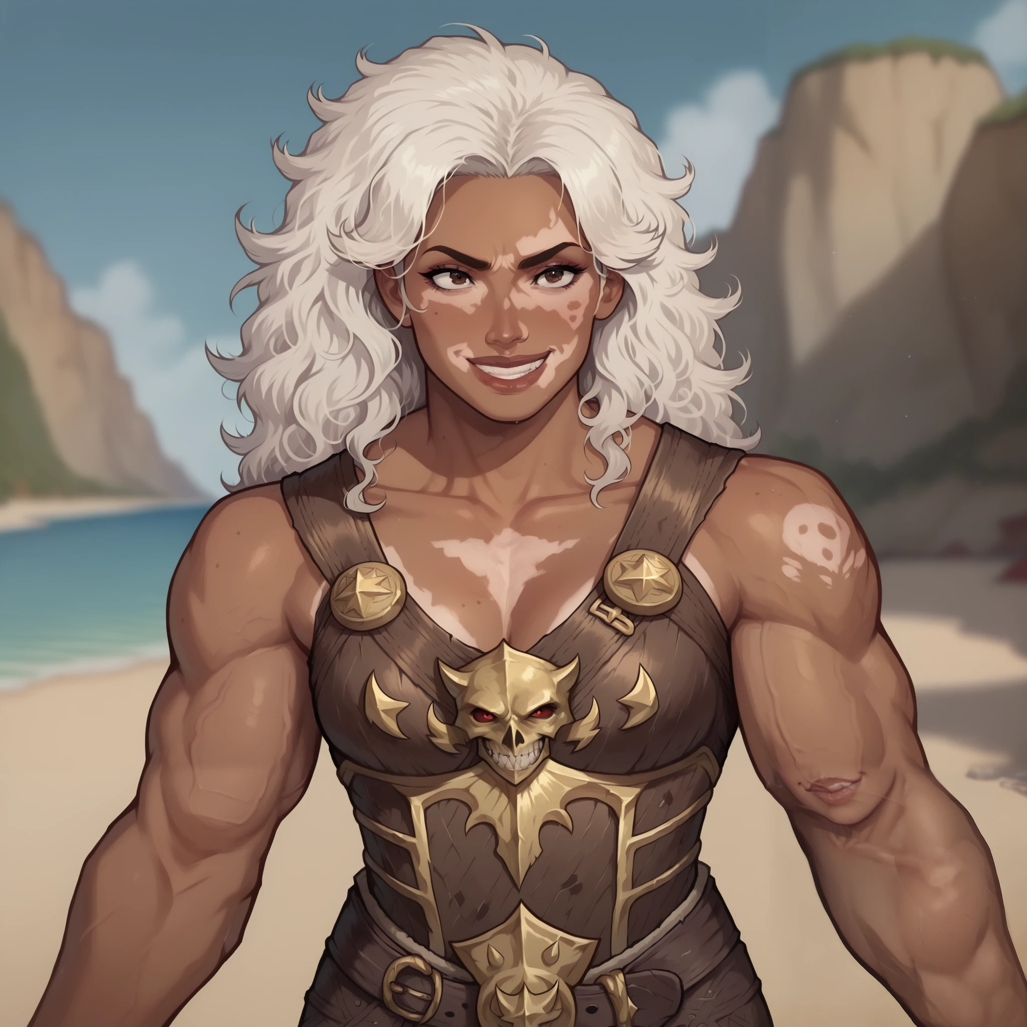 (((beautiful, high quality, comics style, detailed face))), score_9, score_8_up, score_7_up, masterpiece, best quality, unrealistically high details, extremely high quality, ultra high detail, good anatomy, rating_explicit, perfect anatomy, anatomically correct hands:1.5, Detailed, ((detailed background)), zPDXL3, detailxl, Score_PnyReal, front view BREAK solo:1.6, human, 34yo woman, ((vitiligo skin, skin discoloration, body mark)) woman, brown eye, (((wide body, swoll, muscular, muscle))), (square face, high cheekbones, strong jaw line, thick lips), (flat nose, dark skin, dark-skinned), white hair, messy wavy hair, ((grim smile, teeth)), wears a brown leather armor, (fighting stance, motion lines), looking to the viewer, outdoor, fantasy, beach background, blurred background