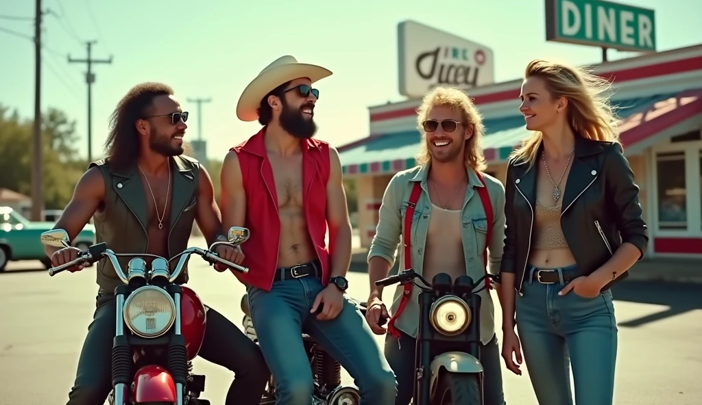 5 handsome men together cowboy handsome attractive shirtless on a tampo with a donkey with rope beside him and a young handsome man on top of the donkey smiling