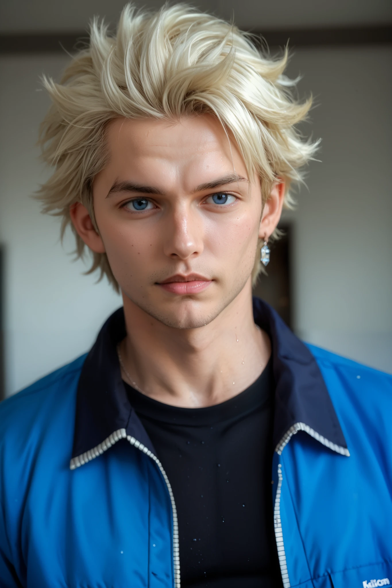 ((Realistic photo close-up)), looking at viewer, StingFT, Sting platinum blonde hair, 1boy, male focus, a blue men's jacket, which fits his athletic figure. Underneath, he wears a black long T-shirt. Light, Kodak Ektar 100, professional studio quality, hyperdetailed, realistic, high detailed skin, passerby, Nikon RAW photo, ultra high res, photorealistic, skindentation, from photo reference, wet, professional lighting, photon mapping, radiosity, physically-based rendering, hyper-realistic, 4k, sharp focus, professional photography, ultra detailed photograph, high quality, HDR, Canon EOS R5, 75mm lens, depth of field,