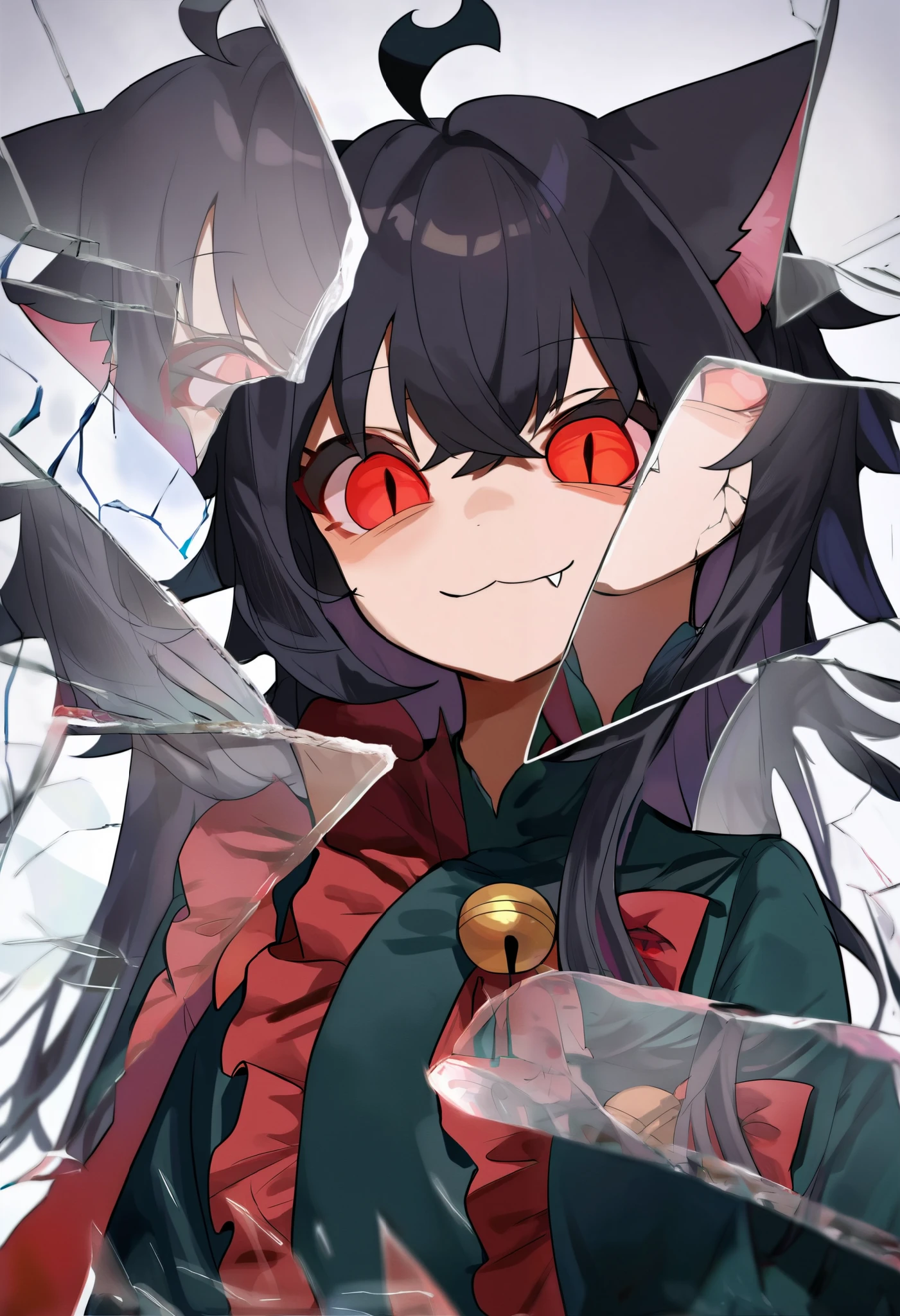 score_9, score_8_up, score_7_up, score_6_up, score_5_up, score_4_up, BREAK, source_cartoon, source_anime,
1girl, , junkotvvxl, ((cat girl, cat ears)), (long hair), ((One multicolorido black hair, (Ahoge), straight bangs,)),, grey hair, long hair, red eyes, bow,  black dress, frilled dress, long sleeves, fang, (glowing eyes:0.5)
upper body, smile, looking at viewer, solo, incrsxlbrkngls, broken glass, reflection    