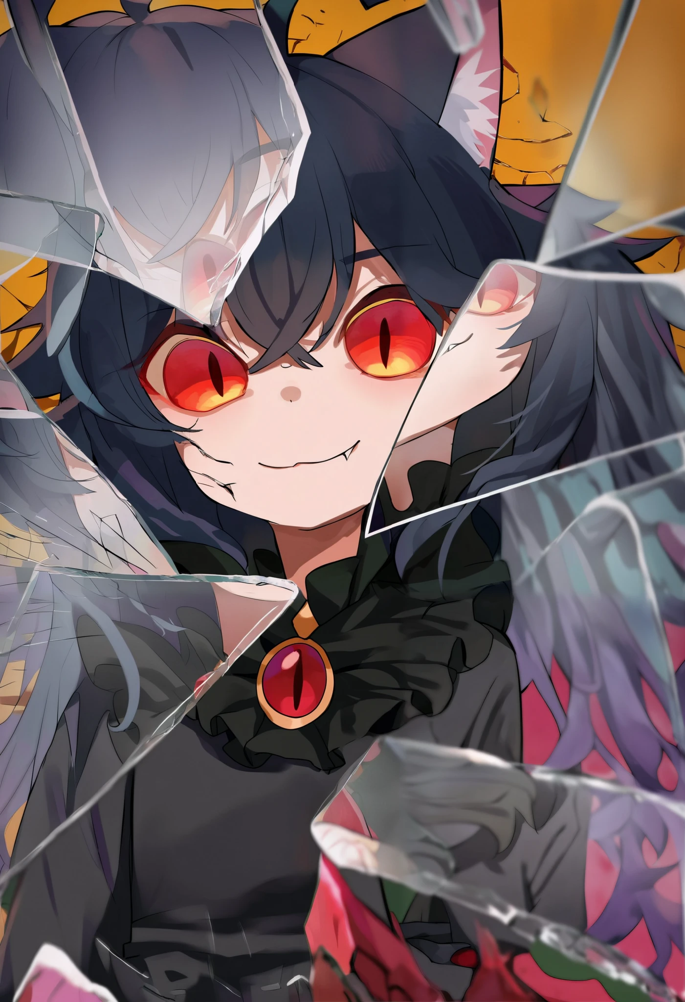score_9, score_8_up, score_7_up, score_6_up, score_5_up, score_4_up, BREAK, source_cartoon, source_anime,
1girl, , junkotvvxl, ((cat girl, cat ears)), (long hair), ((One multicolorido black hair, (Ahoge), straight bangs,)),, grey hair, long hair, red eyes, bow,  black dress, frilled dress, long sleeves, fang, (glowing eyes:0.5)
upper body, smile, looking at viewer, solo, incrsxlbrkngls, broken glass, reflection    