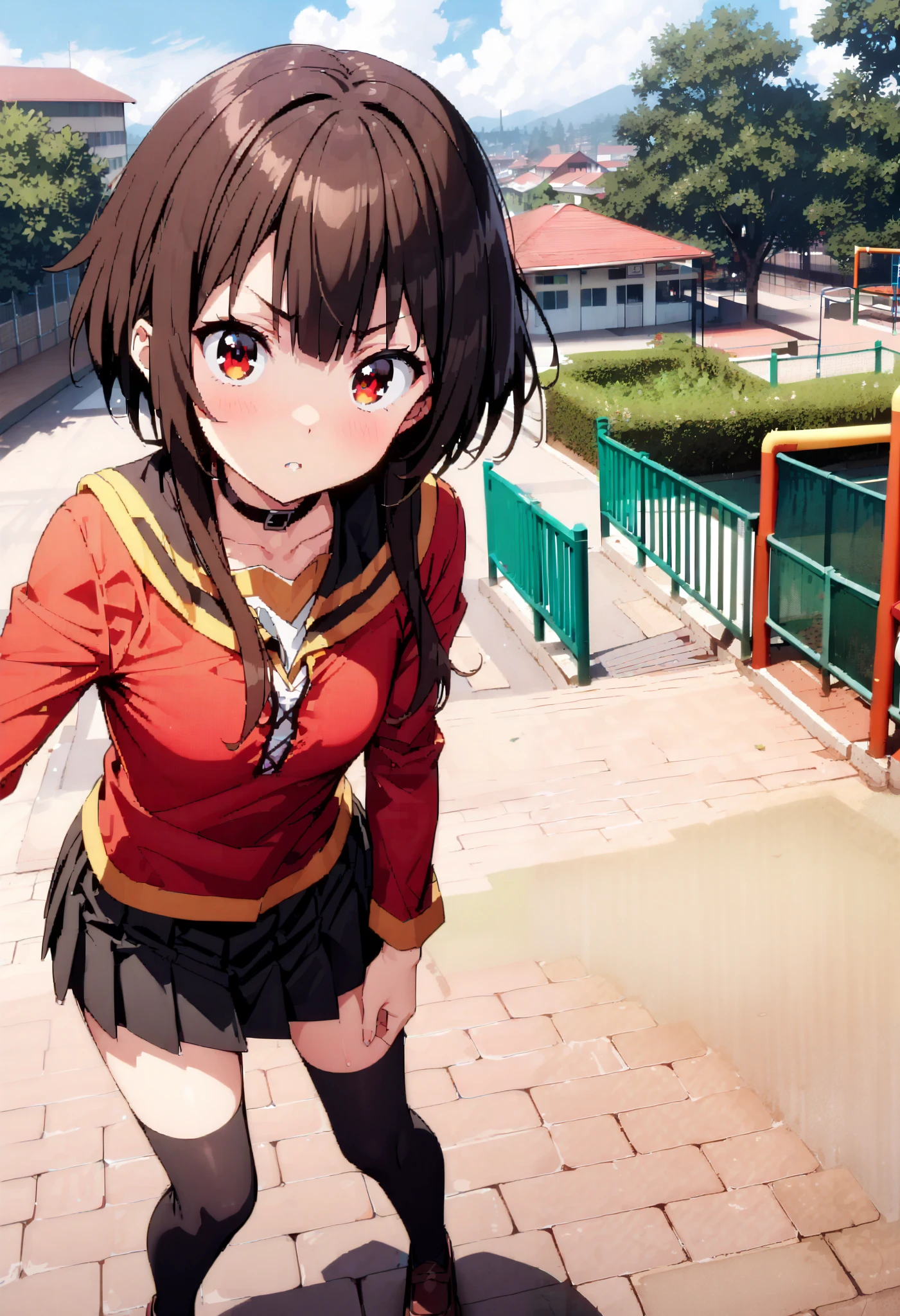 konosubaMegumin, Megumin, short hair while on a business trip, black hair, red eyes, short hair while on a business trip with long locks, angry ,Black sailor suit, black mini pleated skirt , thigh high socks ,Brown loafers, close-up, panties ,, is standing on the stairs, angle from below , lift of the wind ,whole bodyがイラストに入るように, break looking at viewer,whole body,
break outdoors, playground,high school,School building,
break (masterpiece:1.2), best quality , kampala,unity 8k wallpaper,(shape:0.8),( fine, beautiful eyes :1.6),It's a person ,whole body写真,CG Details , (perfect hand, complete anatomy),