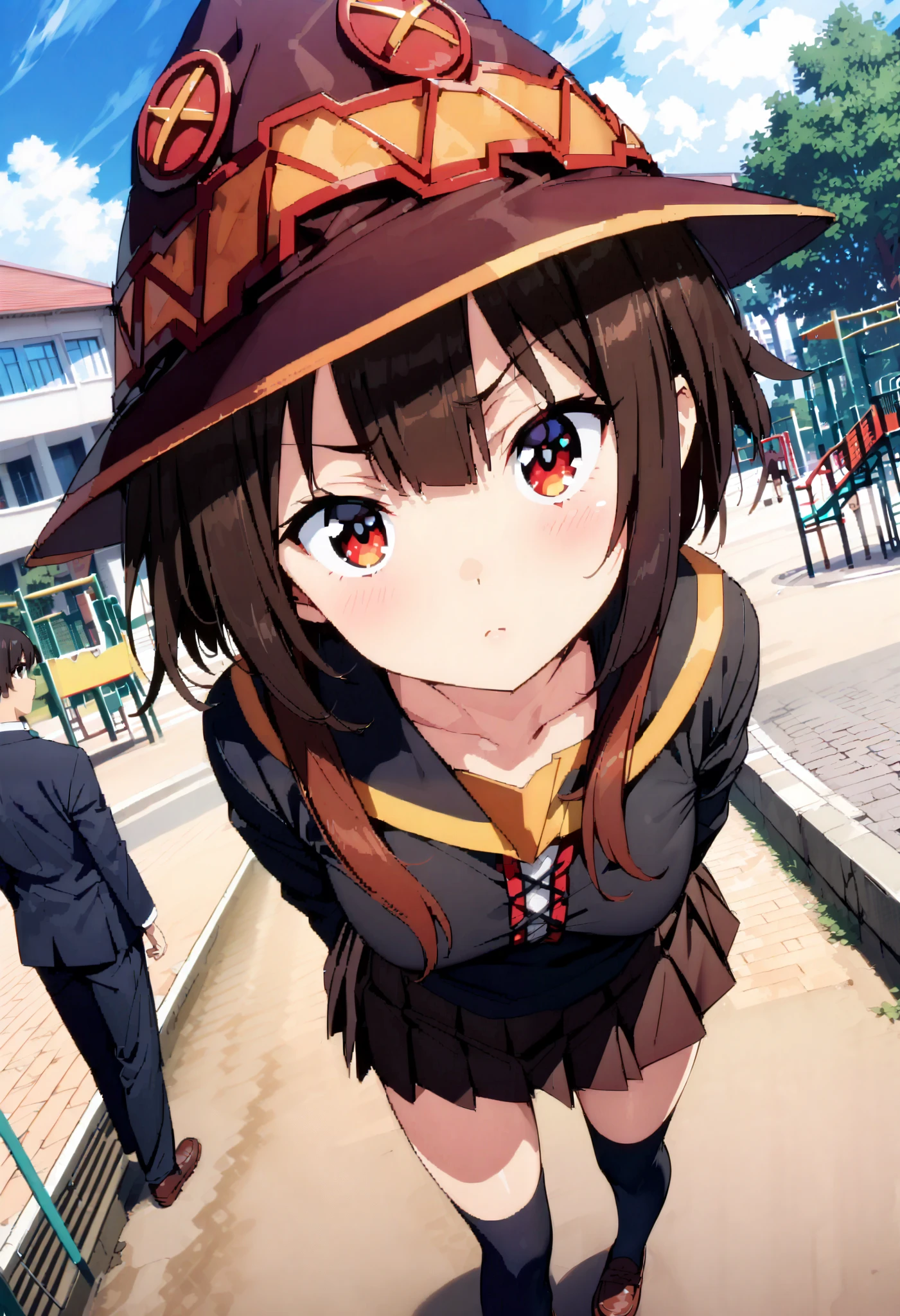konosubaMegumin, Megumin, short hair while on a business trip, black hair, red eyes, short hair while on a business trip with long locks, angry ,Black sailor suit, black mini pleated skirt , thigh high socks ,Brown loafers, close-up, panties ,, is standing on the stairs, angle from below , lift of the wind ,whole bodyがイラストに入るように, break looking at viewer,whole body,
break outdoors, playground,high school,School building,
break (masterpiece:1.2), best quality , kampala,unity 8k wallpaper,(shape:0.8),( fine, beautiful eyes :1.6),It's a person ,whole body写真,CG Details , (perfect hand, complete anatomy),