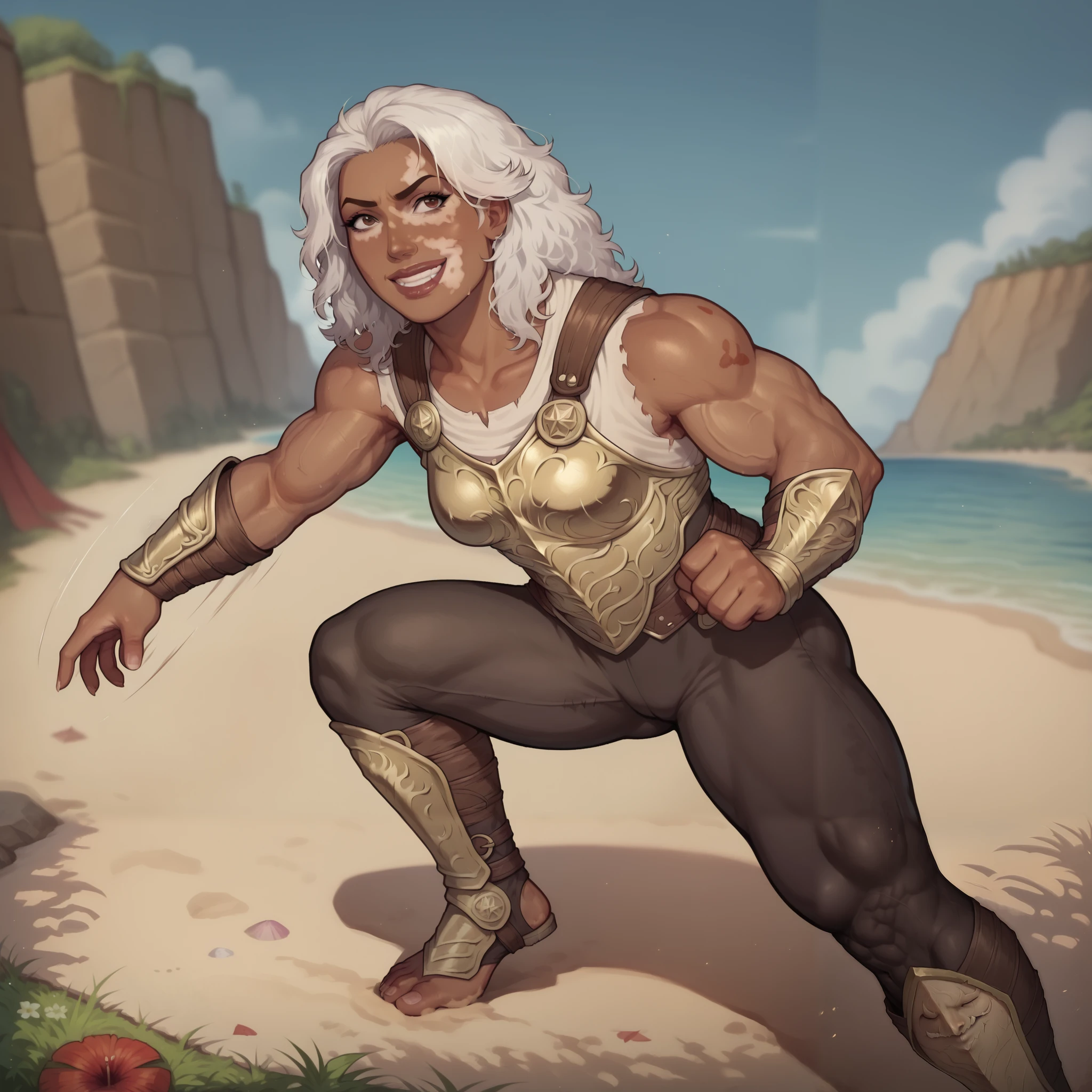 (((beautiful, high quality, comics style, detailed face))), score_9, score_8_up, score_7_up, masterpiece, best quality, unrealistically high details, extremely high quality, ultra high detail, good anatomy, rating_explicit, perfect anatomy, anatomically correct hands:1.5, Detailed, ((detailed background)), zPDXL3, detailxl, Score_PnyReal, front view BREAK solo:1.6, human, 34yo woman, ((vitiligo skin, skin discoloration, body mark)) woman, brown eye, (((wide body, swoll, muscular, muscle))), (square face, high cheekbones, strong jaw line, thick lips), (flat nose, dark skin, dark-skinned), white hair, messy wavy hair, ((grim smile, teeth)), wears a brown leather armor, (fighting stance, motion lines), looking to the viewer, outdoor, fantasy, beach background, blurred background