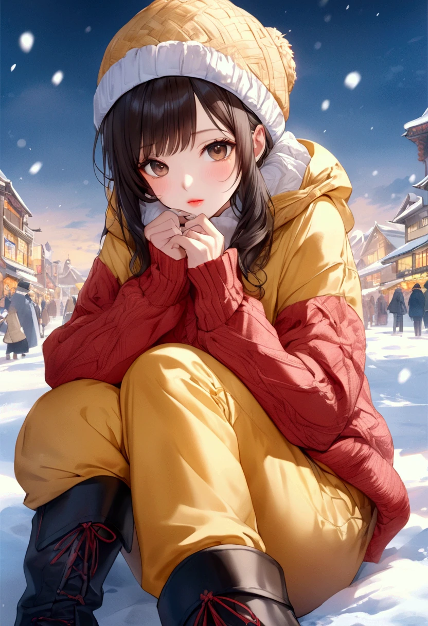 intense watercolor、 young Japanese woman 、Brown-black long hair 、 v-neck red sweater 、yellow winter clothes 、 white woolen hat、blue narrow pants 、 black boots、 beautiful faces 、 brown eyes、 pink lips、 Face Details 、Above the knee shot、Hokkaido's Snowy Scenery 、 cloudy sky、 Sapporo Snow Festival、 high definition、 best quality、masterpiece、 detailed digital illustration art、