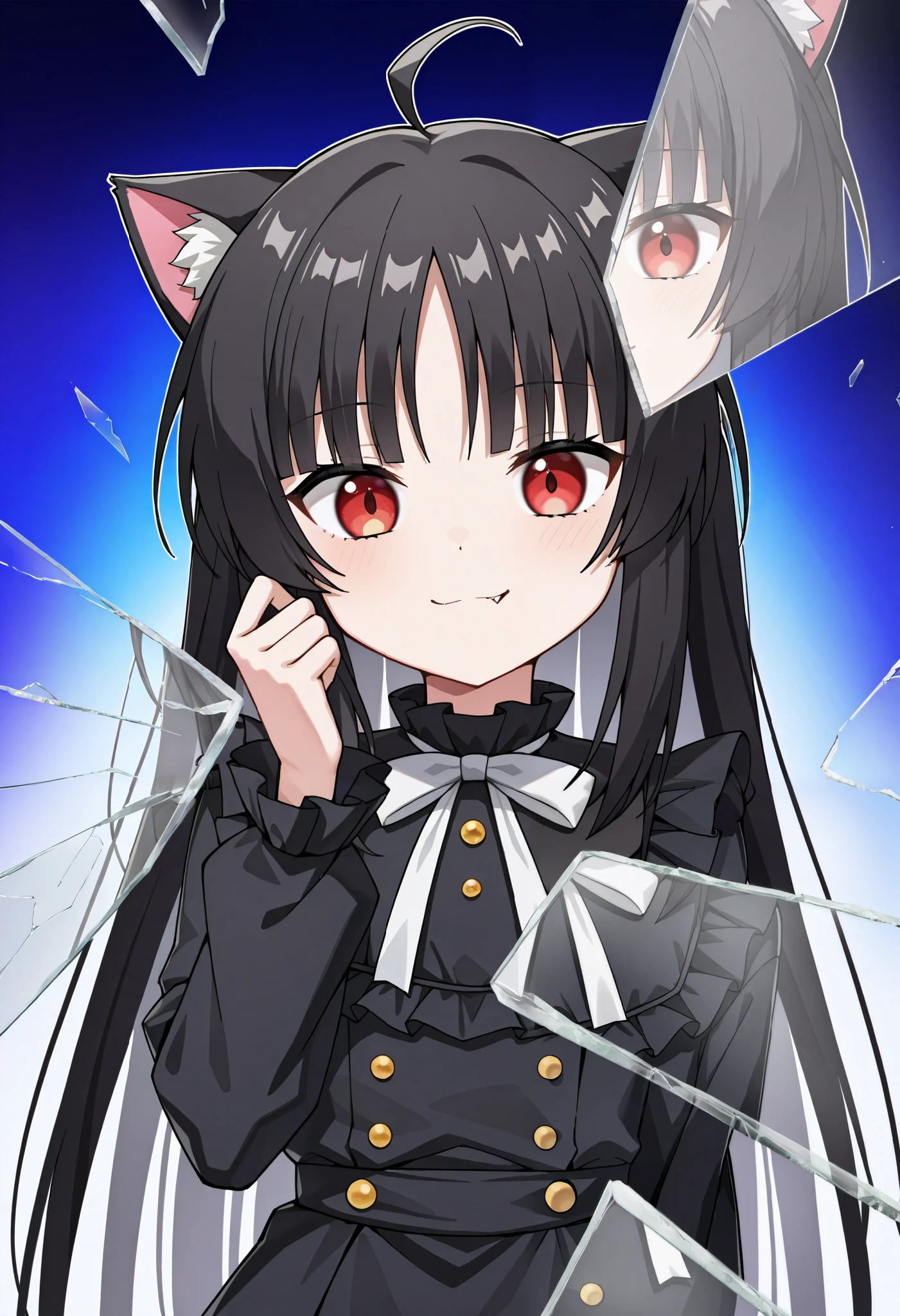 score_9, score_8_up, score_7_up, score_6_up, score_5_up, score_4_up, BREAK, source_cartoon, source_anime,
1girl, , junkotvvxl, ((cat girl, cat ears)), (long hair), ((One multicolorido black hair, (Ahoge), straight bangs,)),, grey hair, long hair, red eyes, bow, black dress, frilled dress, long sleeves, fang, (glowing eyes:0.5)
upper body, smile, looking at viewer, solo, incrsxlbrkngls, broken glass, reflection