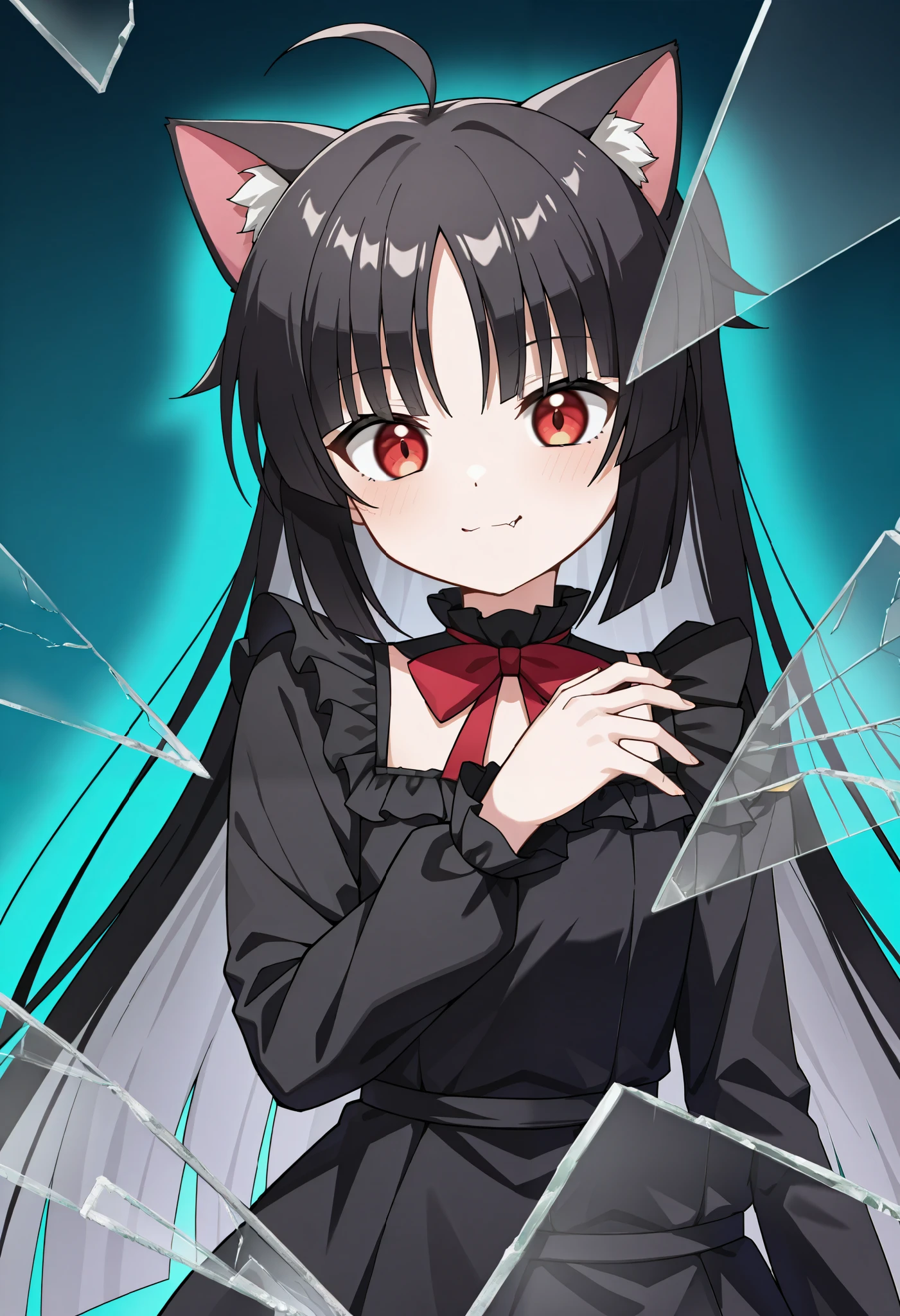 score_9, score_8_up, score_7_up, score_6_up, score_5_up, score_4_up, BREAK, source_cartoon, source_anime,
1girl, , junkotvvxl, ((cat girl, cat ears)), (long hair), ((One multicolorido black hair, (Ahoge), straight bangs,)),, grey hair, long hair, red eyes, bow, black dress, frilled dress, long sleeves, fang, (glowing eyes:0.5)
upper body, smile, looking at viewer, solo, incrsxlbrkngls, broken glass, reflection