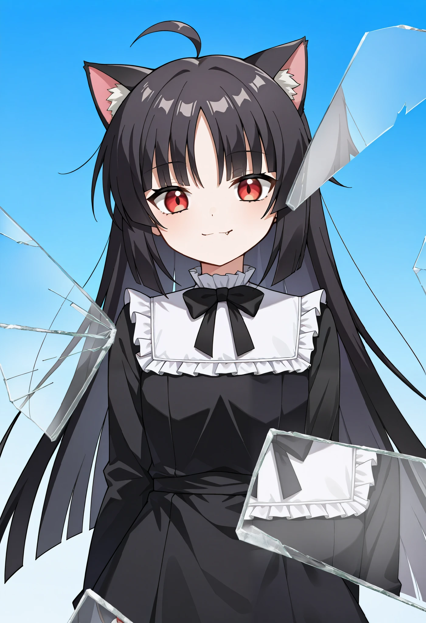 score_9, score_8_up, score_7_up, score_6_up, score_5_up, score_4_up, BREAK, source_cartoon, source_anime,
1girl, , junkotvvxl, ((cat girl, cat ears)), (long hair), ((One multicolorido black hair, (Ahoge), straight bangs,)),, grey hair, long hair, red eyes, bow, black dress, frilled dress, long sleeves, fang, (glowing eyes:0.5)
upper body, smile, looking at viewer, solo, incrsxlbrkngls, broken glass, reflection