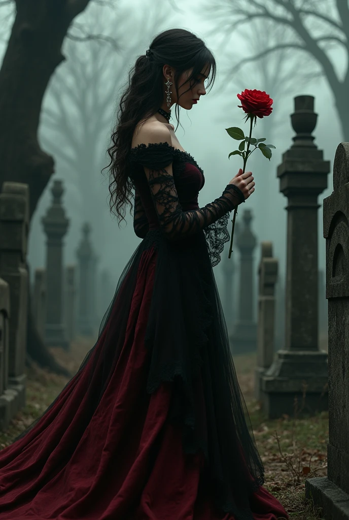 Woman with skull face , with black and red dress , a rose in hand in front of the cemetery