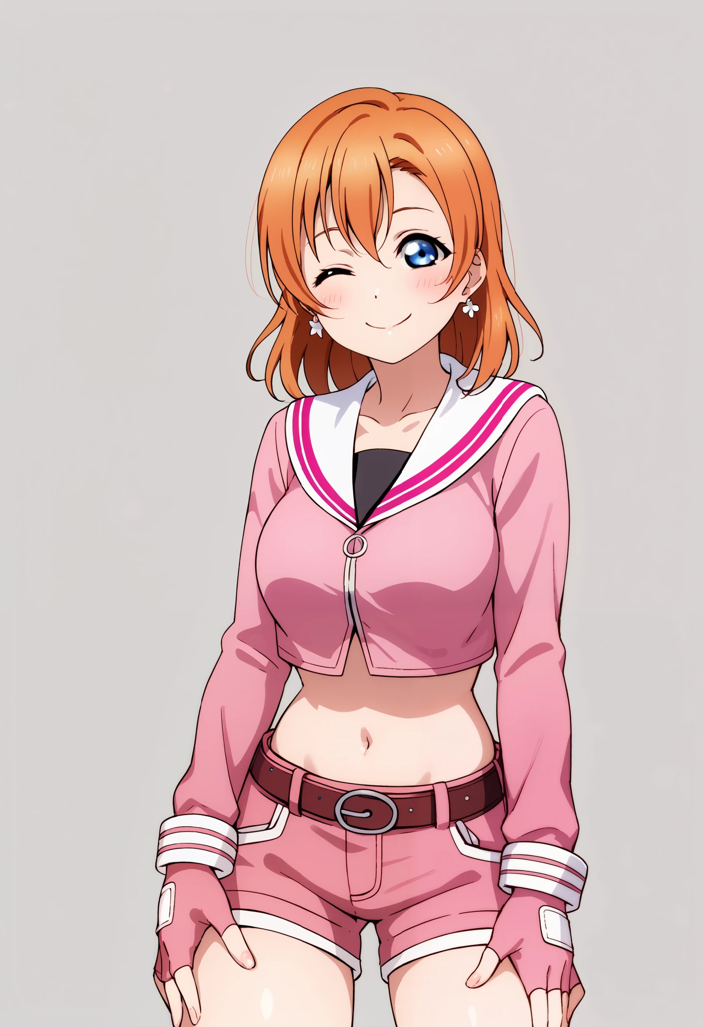 anime style, love live,kousaka honoka , love live, blue eyes, orange hair,earrings, (blushing:1.2) , standing, pink serafuku, long sleeves, black inner shirt, midriff, shorts, fingerless gloves,pink clothes, slightly smile, simple background, detailed shading,solo,1girl, belt, medium hair,wink,big breasts, hands on thighs