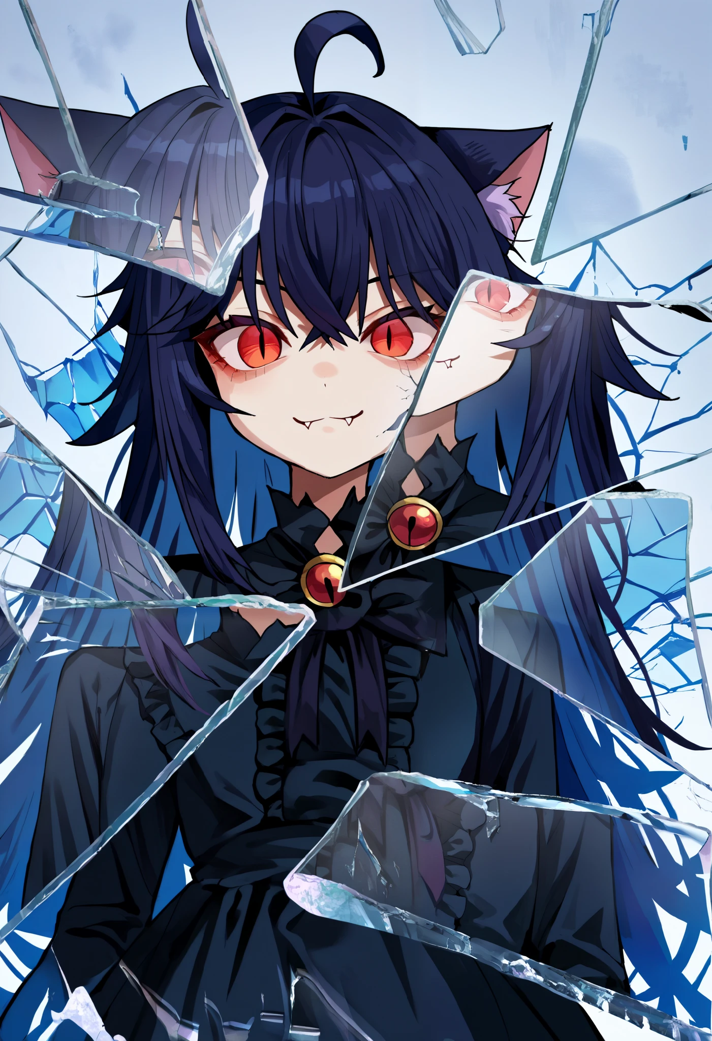 score_9, score_8_up, score_7_up, score_6_up, score_5_up, score_4_up, BREAK, source_cartoon, source_anime,
1girl, , junkotvvxl, ((cat girl, cat ears)), (long hair), ((One multicolorido black hair, (Ahoge), straight bangs,)),, grey hair, long hair, red eyes, bow, black dress, frilled dress, long sleeves, fang, (glowing eyes:0.5)
upper body, smile, looking at viewer, solo, incrsxlbrkngls, broken glass, reflection