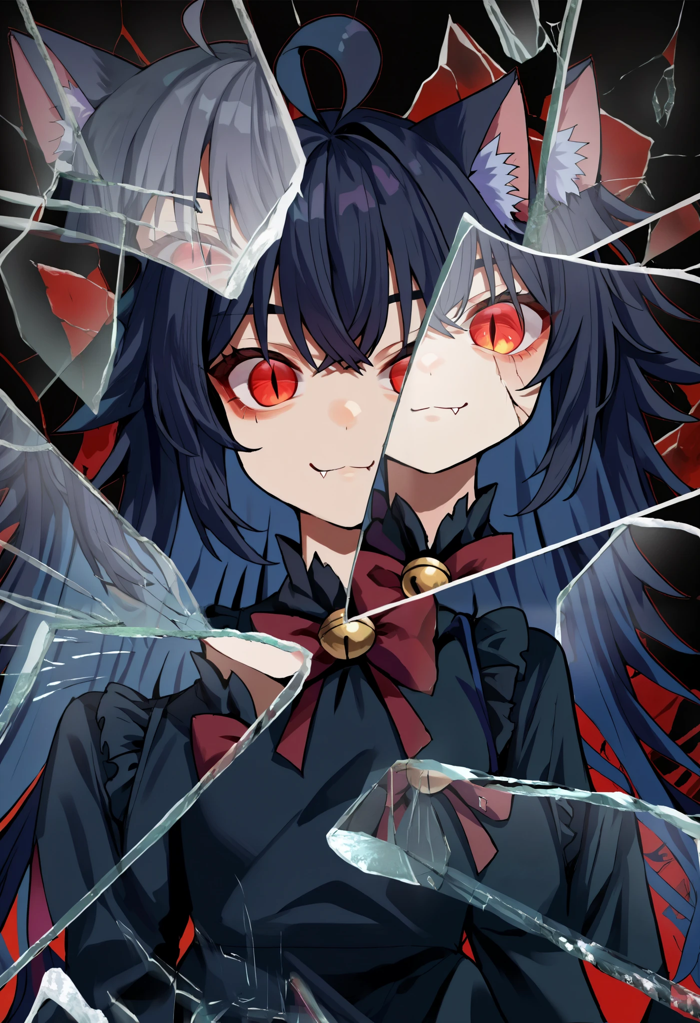 score_9, score_8_up, score_7_up, score_6_up, score_5_up, score_4_up, BREAK, source_cartoon, source_anime,
1girl, , junkotvvxl, ((cat girl, cat ears)), (long hair), ((One multicolorido black hair, (Ahoge), straight bangs,)),, grey hair, long hair, red eyes, bow,  black dress, frilled dress, long sleeves, fang, (glowing eyes:0.5)
upper body, smile, looking at viewer, solo, incrsxlbrkngls, broken glass, reflection    