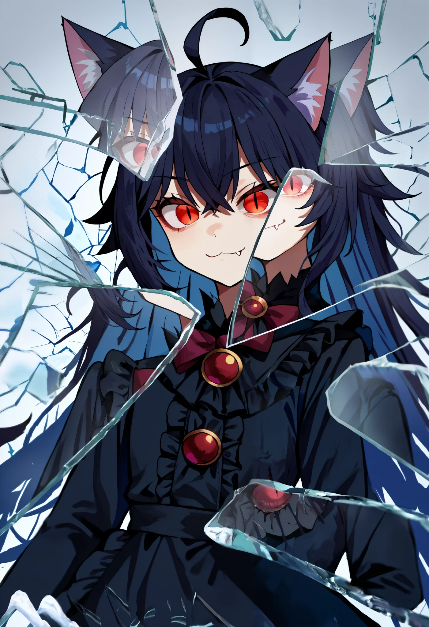 score_9, score_8_up, score_7_up, score_6_up, score_5_up, score_4_up, BREAK, source_cartoon, source_anime,
1girl, , junkotvvxl, ((cat girl, cat ears)), (long hair), ((One multicolorido black hair, (Ahoge), straight bangs,)),, grey hair, long hair, red eyes, bow,  black dress, frilled dress, long sleeves, fang, (glowing eyes:0.5)
upper body, smile, looking at viewer, solo, incrsxlbrkngls, broken glass, reflection    