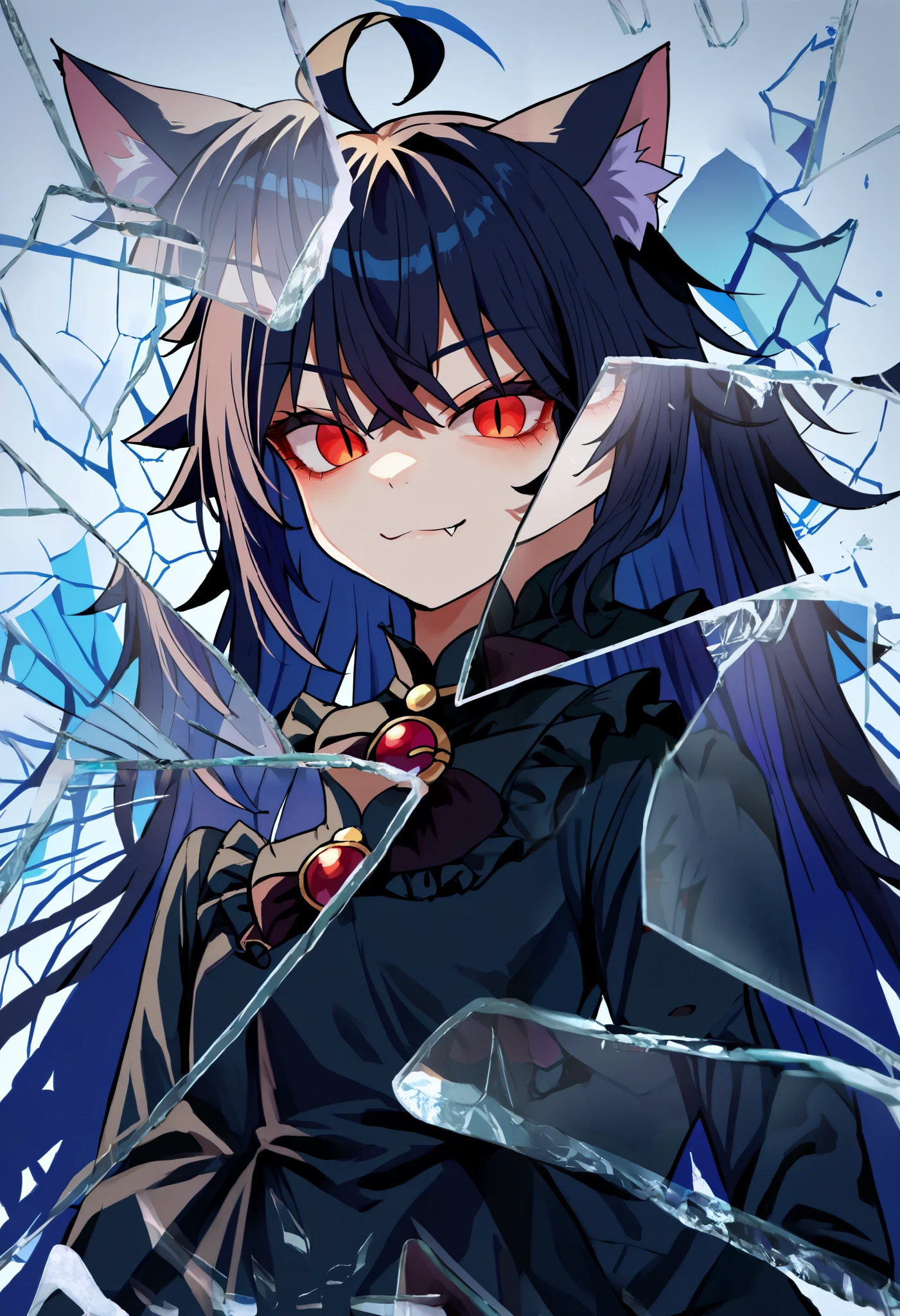 score_9, score_8_up, score_7_up, score_6_up, score_5_up, score_4_up, BREAK, source_cartoon, source_anime,
1girl, , junkotvvxl, ((cat girl, cat ears)), (long hair), ((One multicolorido black hair, (Ahoge), straight bangs,)),, grey hair, long hair, red eyes, bow, black dress, frilled dress, long sleeves, fang, (glowing eyes:0.5)
upper body, smile, looking at viewer, solo, incrsxlbrkngls, broken glass, reflection
