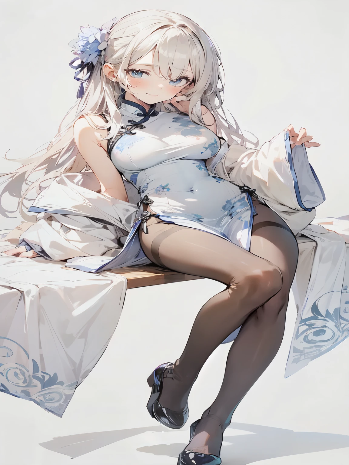 qipao,1girl,(illyasviel von einzbern),red_eyes,cream hair,(french braid),smile,blue flower,breasts,china dress,chinese clothes,dress,earrings,floral print,cloth shoes,folding fan,paper fan,sitting,long hair,looking at viewer,pantyhose,print dress,simple background,smile,solo,white background