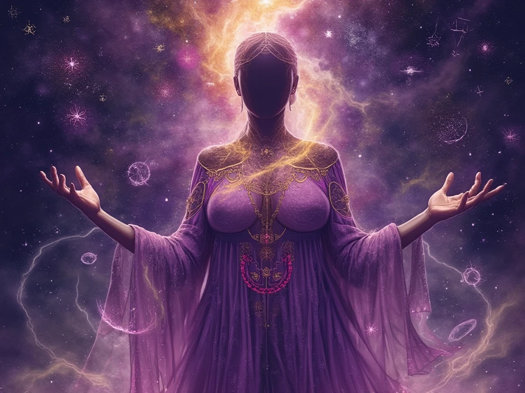 a godhead, mystical, divine, ethereal, spiritual, transcendent, otherworldly being, glowing with inner light, emanating power and wisdom, floating in a swirling cosmic mist, surrounded by glowing orbs and shimmering energy fields, abstract sacred geometry, intricate fractal patterns, luminous aura, deep purple and indigo tones, dramatic chiaroscuro lighting, cinematic composition, (best quality, 8k, highres, masterpiece:1.2), ultra-detailed, photorealistic, dramatic, cinematic,