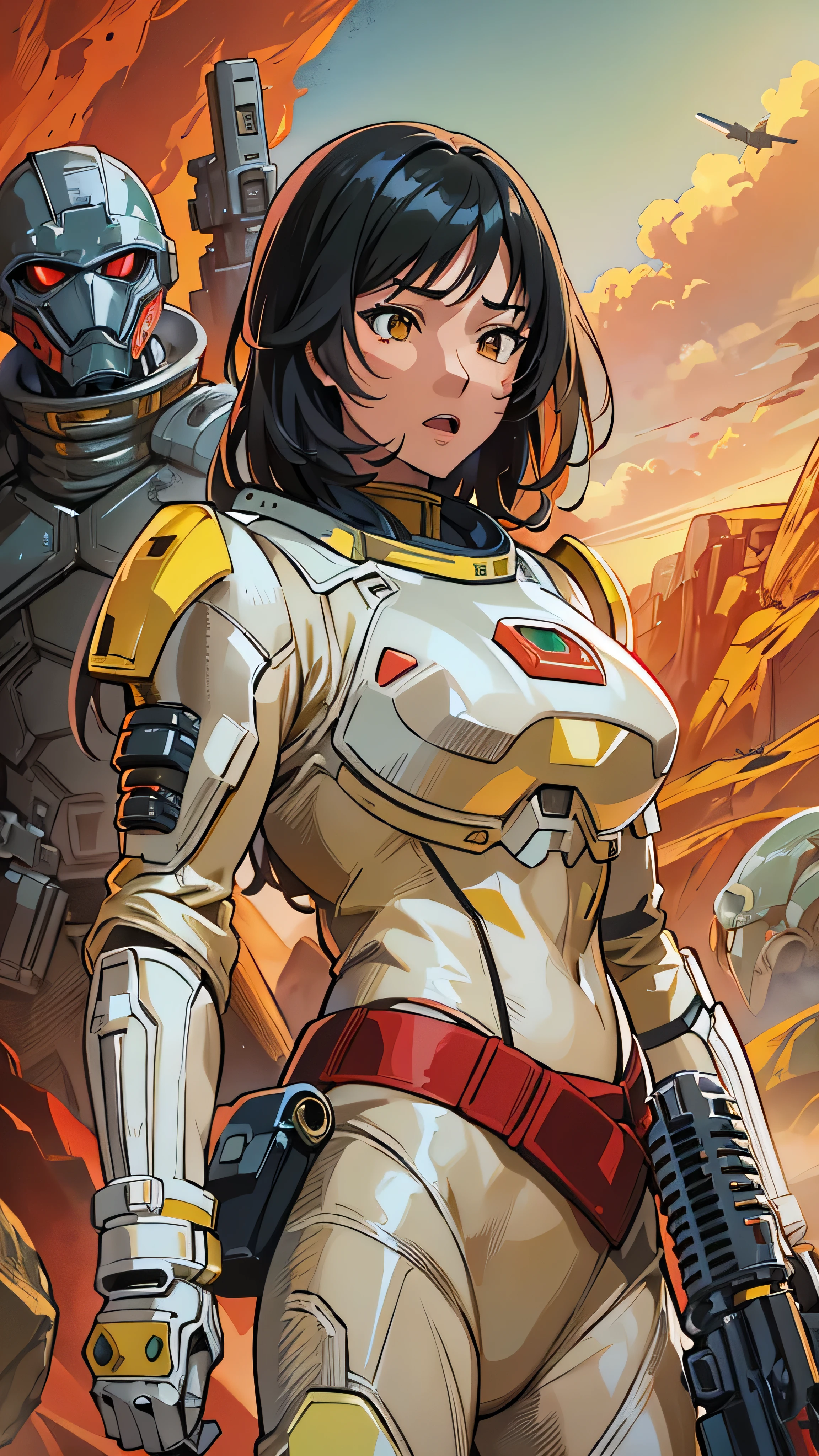 in high definition,Alien planet in space 、Yellow sky and red earth 、 Asian woman between the North Star and the Big Dipper、White Armored Suit。Red Armor、 scene where you fight aliens with a lightsaber、Fighting surrounded by aliens in a desolate wilderness。