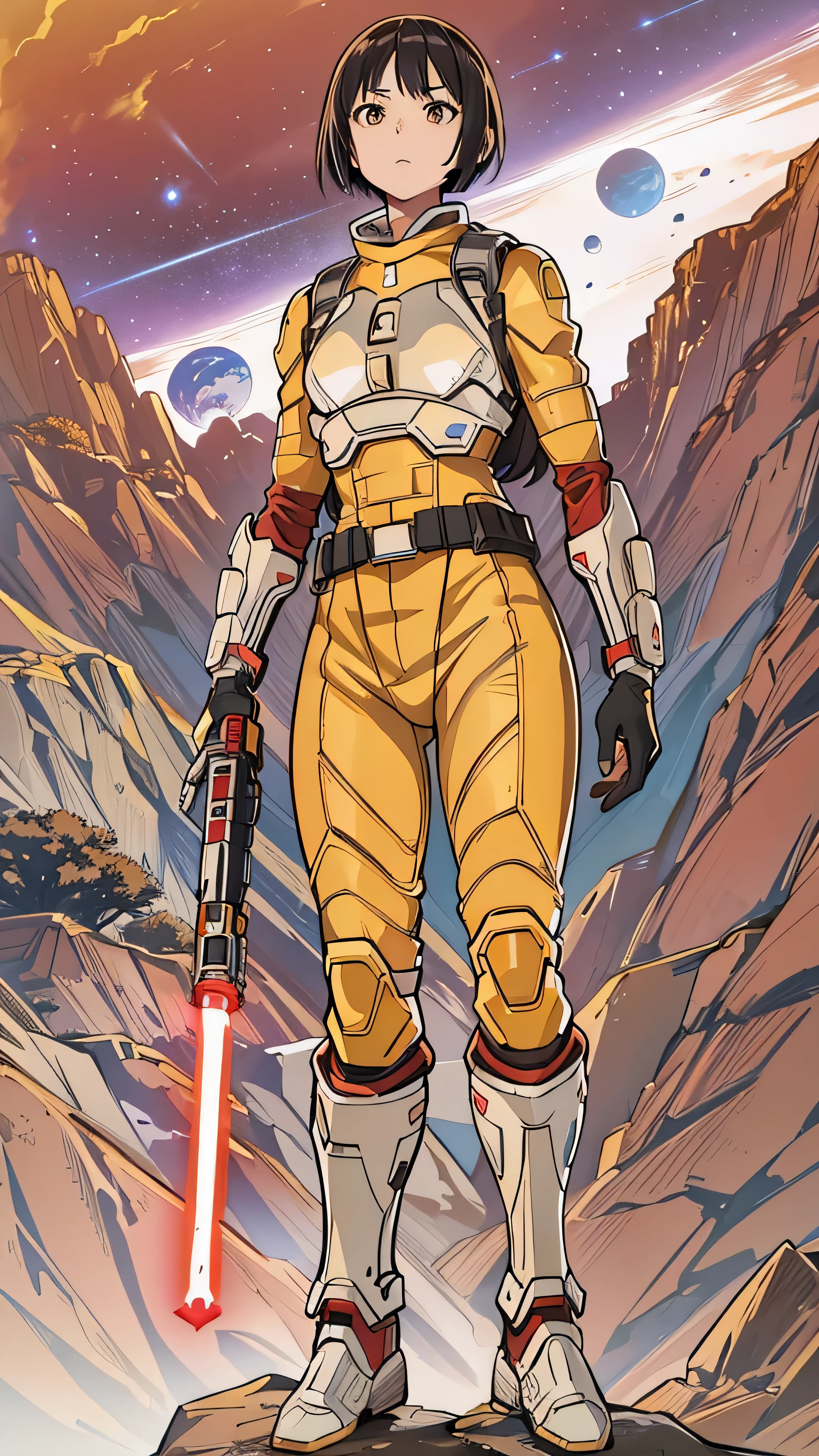 in high definition,Alien planet in space 、Yellow sky and red earth 、 Asian woman between the North Star and the Big Dipper、White Armored Suit。Red Armor、 scene where you fight aliens with a lightsaber、Fighting surrounded by aliens in a desolate wilderness。