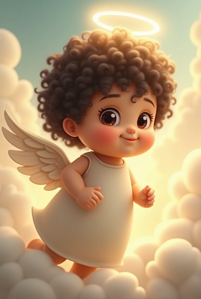 A  with short, curly hair, black and brown in color,brown skin color ,dark brown eyes almond eyes , small chubby straight nose, mouth medium heart, childs,spiritual world with affections of longing and is in a hurry to reincarnate ,  in the spiritual world, child, com os anjinhos pequenos em cima no ceu cercado por childs, wishing you a good night 