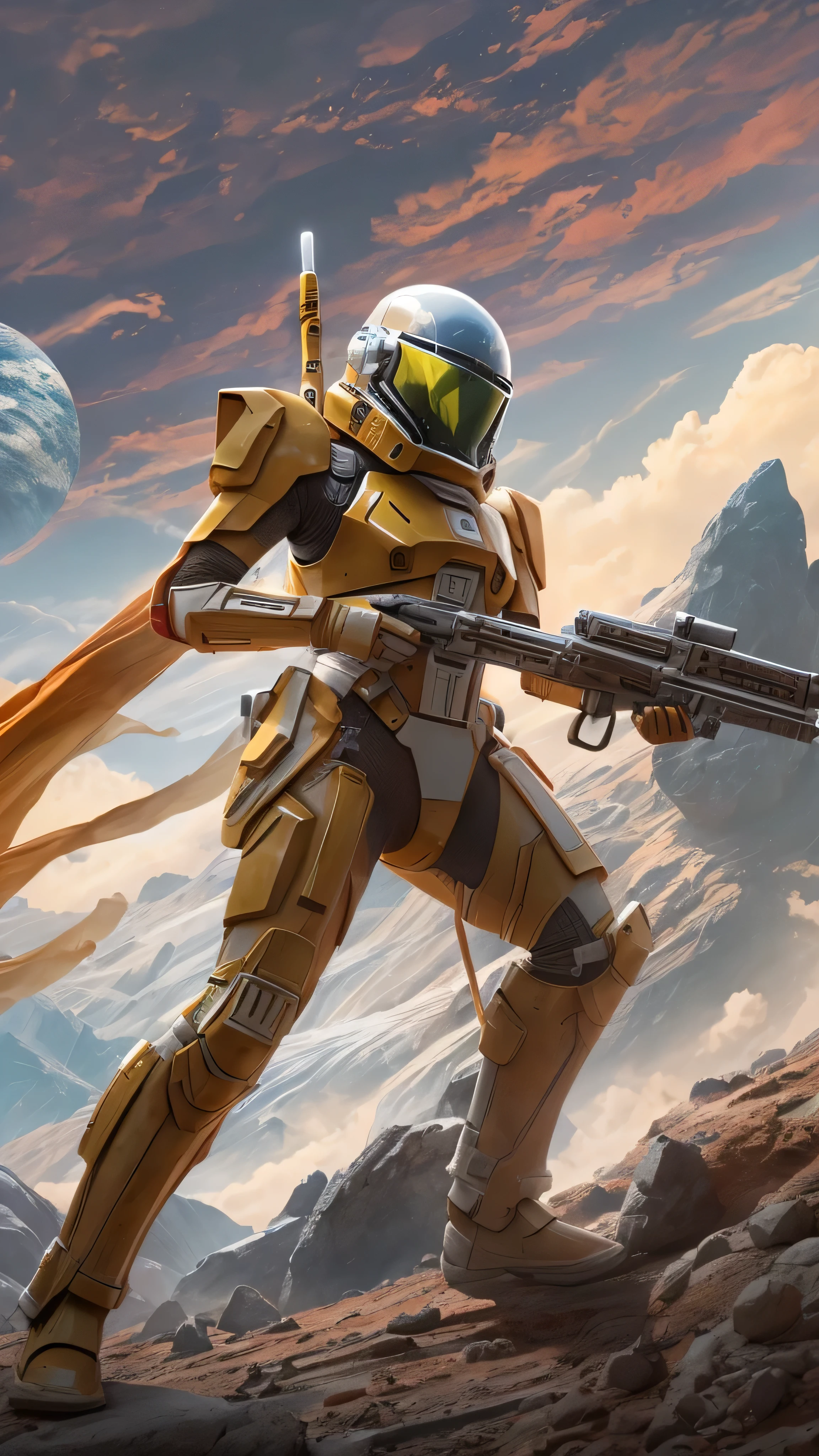 in high definition,Alien planet in space 、Yellow sky and red earth 、 Asian woman between the North Star and the Big Dipper、White Armored Suit。Red Armor、 scene where you fight aliens with a lightsaber、Fighting surrounded by aliens in a desolate wilderness。
