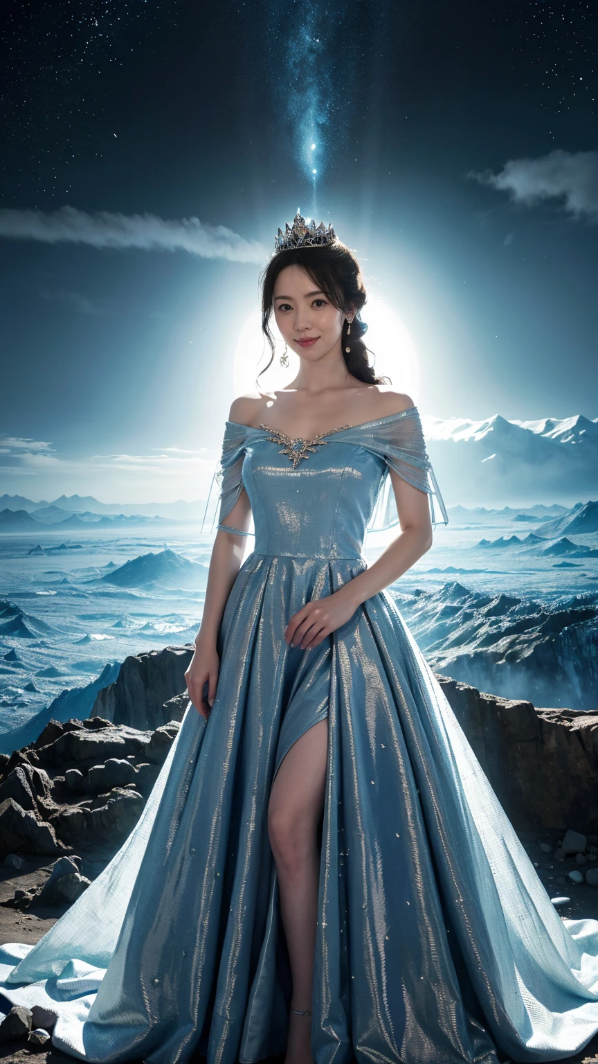 a beautiful ethereal blue woman, detailed face, piercing eyes, elegant flowing dress, walking on golden stairs in the sky, surrounded by wispy clouds, stars and moons in the distance, dreamlike and mystical atmosphere, (best quality, 8k, highres, masterpiece:1.2), ultra-detailed, photorealistic, cinematic lighting, dramatic colors, soft focus, magical, fantasy, surreal