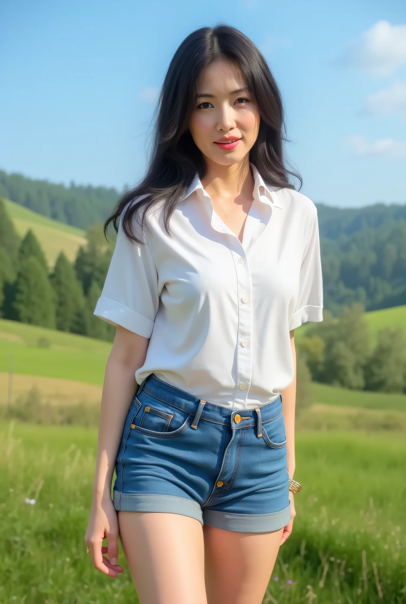 A 30 year old Japanese woman, white shirt, blue jean shorts, outside, countryside, full body, (8k, RAW photo, best quality, masterpiece:1.2), (realistic, photo-realistic:1.37),best quality, ultra high res, (photorealistic:1.4)
