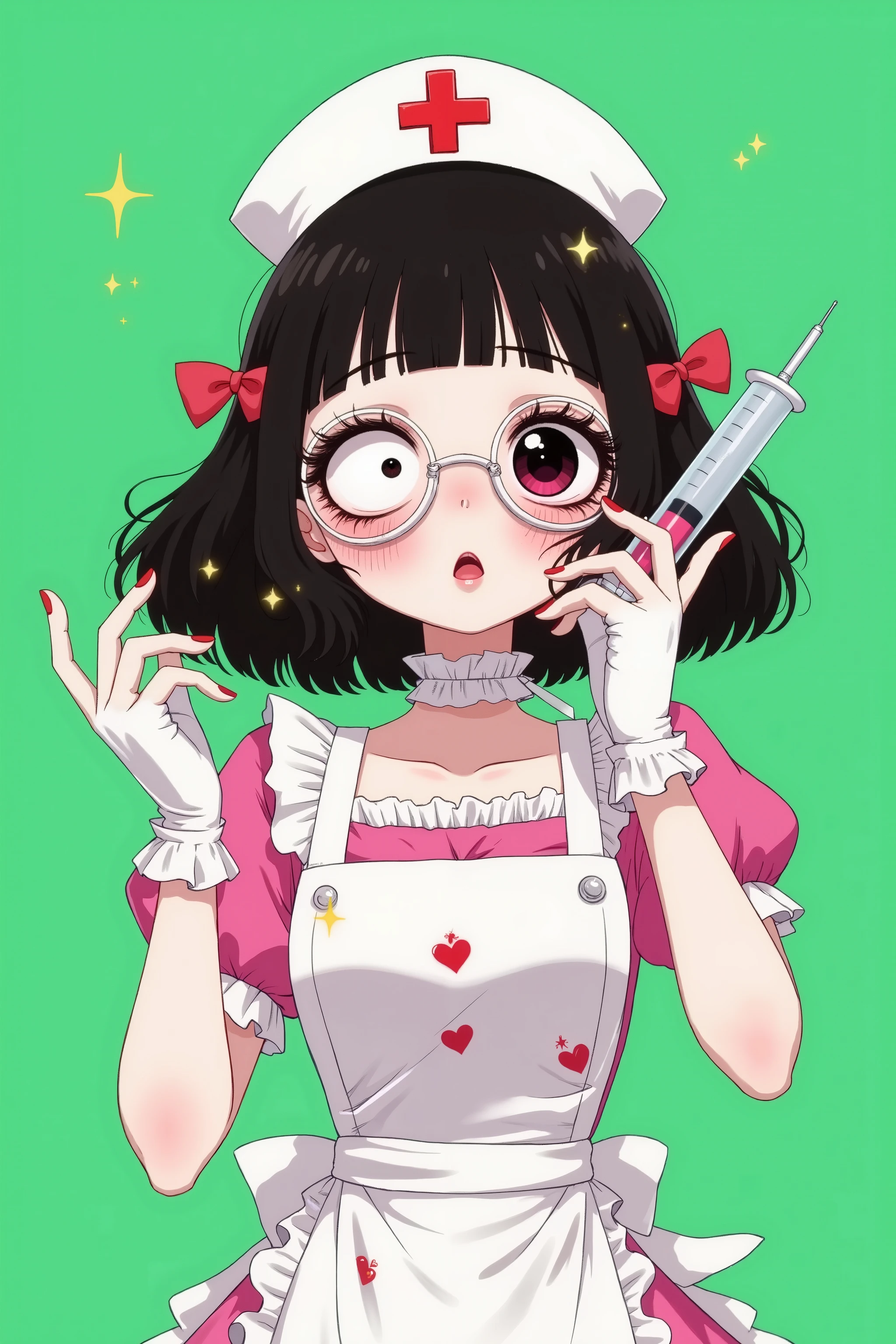 cute, Anime Girl, gorgeous dress ,Gloves,curls,Exquisite dress,bow,Ruffles,ribbon,bandage,Nurse style, giant syringe ,Circle,Red Cross , Unilateral blindfold ,love decoration ,Subculture, morbid ,Bloody,LOL, simple green background