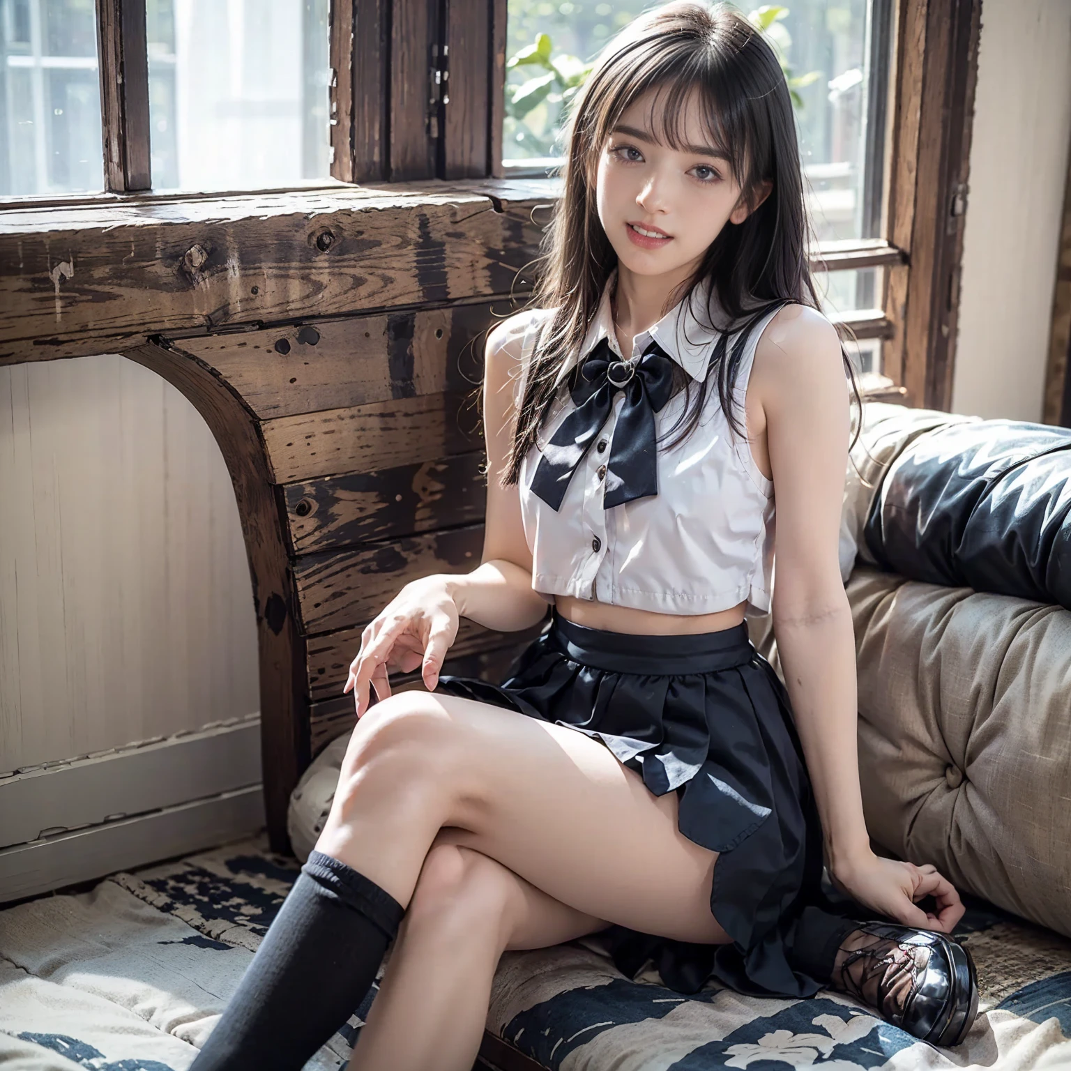 ((Bright garden porch background)), (Lo-Fi), (Soft Focus), High Definition, 4K, Ultra High Definition, Ultra High Definition, Ultra Real Shadows, Ultra Real, Dramatic Lighting, Japan Women, One Girl, Solo, Detailed Face, Realistic Eyes, Realistic Skin, Dynamic Hair, Dynamic Pose, Dynamic Angle, (White Blouse), (Dark Blue Bow Tie), (((Dark blue very long skirt)))), ((White short ankle-length socks with folded edges)))), white background, (Raw photo: 1.2), (Photorealistic: 1.4), Beautiful detailed woman, Very detailed eyes and face, Beautiful detailed eyes, Huge file size, super detailed, high resolution, very detailed, highest quality, (bright indoors), (soft light), (low contrast), (shallow depth of field), (portrait of a beautiful woman illuminated by gentle light), (very delicate and elegant depiction), (short length bangs), (hair color dark chestnut with a slight brown tone), (hair with subtle gentle waves), (((white short ankle-length socks with folded edges))), illustration, very detailed, CG, unification, 8k wallpaper, amazing, fine details, best quality, Highly detailed CG unified 8k wallpaper, face lights, movie lighting, 1 girl, 25 years old