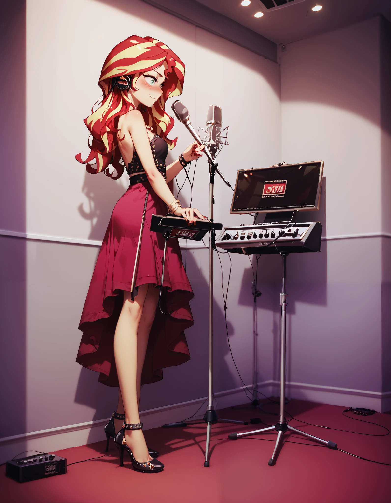 Sunset shimmer, red and yellow hair, wavy hair, blushing, aroused, wearing headphones, standing in a recording booth, high heel shoes, sexy dress, strap off shoulder, recbooth, indoors, microphone, shadow, instrument, microphone, microphone stand,