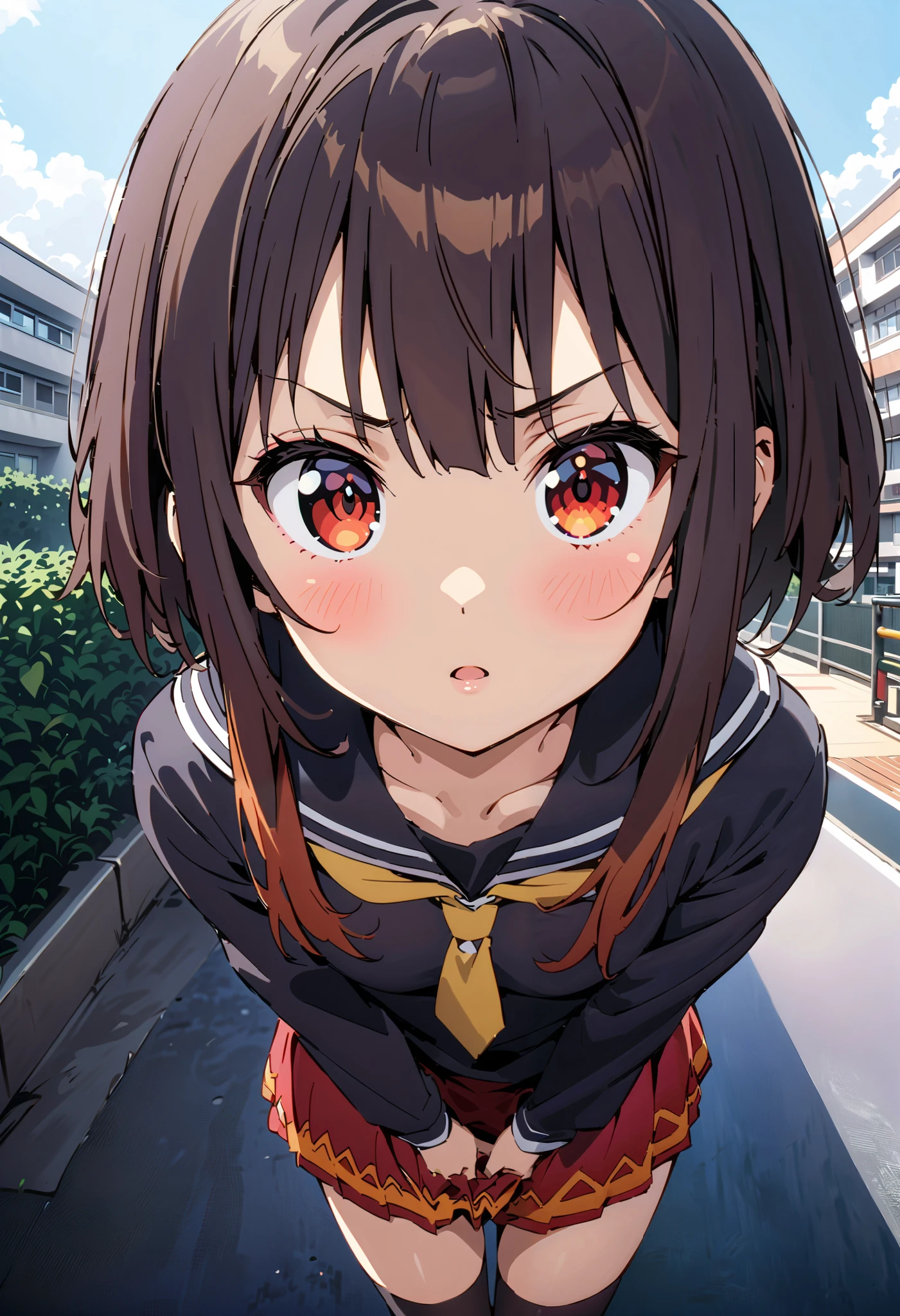 konosubaMegumin, Megumin, short hair while on a business trip, black hair, red eyes, short hair while on a business trip with long locks, angry ,Black sailor suit,黒色ミニプリーツ skirt , thigh high socks ,Brown loafers, Super detailed-eyes, simple background,cute girl, eyelashes skirt tug, skirt , lift of the wind , angle from below ,whole bodyがイラストに入るように, break looking at viewer,whole body,
break outdoors, playground,high school,School building,
break (masterpiece:1.2), best quality , kampala,unity 8k wallpaper,(shape:0.8),( fine, beautiful eyes :1.6),It's a person ,whole body写真,CG Details , (perfect hand, complete anatomy),