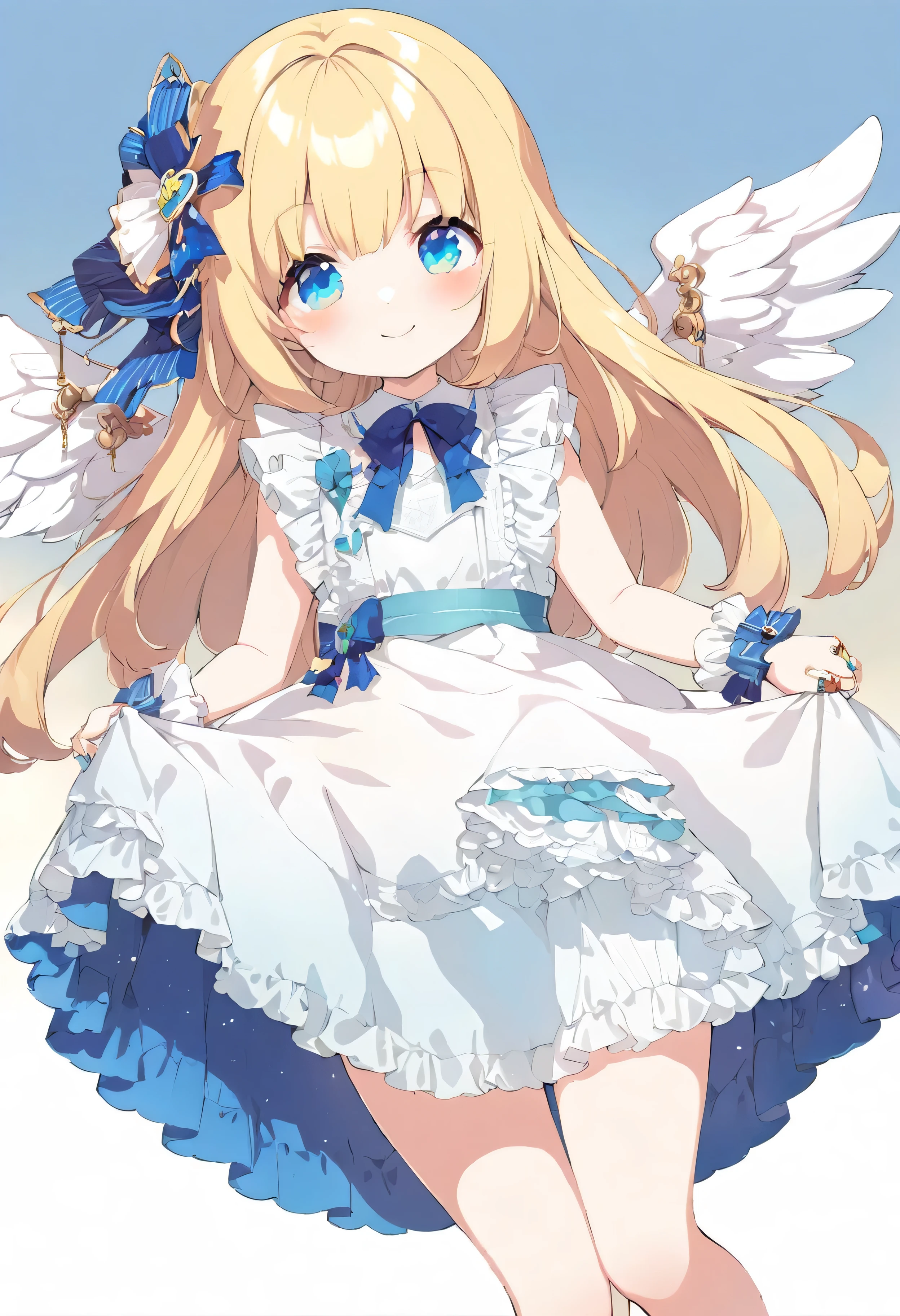 nsfw, (top-quality、masterpiece:1.2), (lovely), a angel girl in a short skirt and a white dress, large silver wings on your back , {beautiful Sapphire blue eyes :1.2}, small curvy , lolidress, shining golden angel's ring above your head ,blonde anime girl with long hair, visual novel sprite, small loli girade with anime painter studio, anime stylized, flying in the sky, smiling, cowboy shot, full body, cute anime waifu in a nice dress, simple background, watercolor tone, Kyoto Animation Style