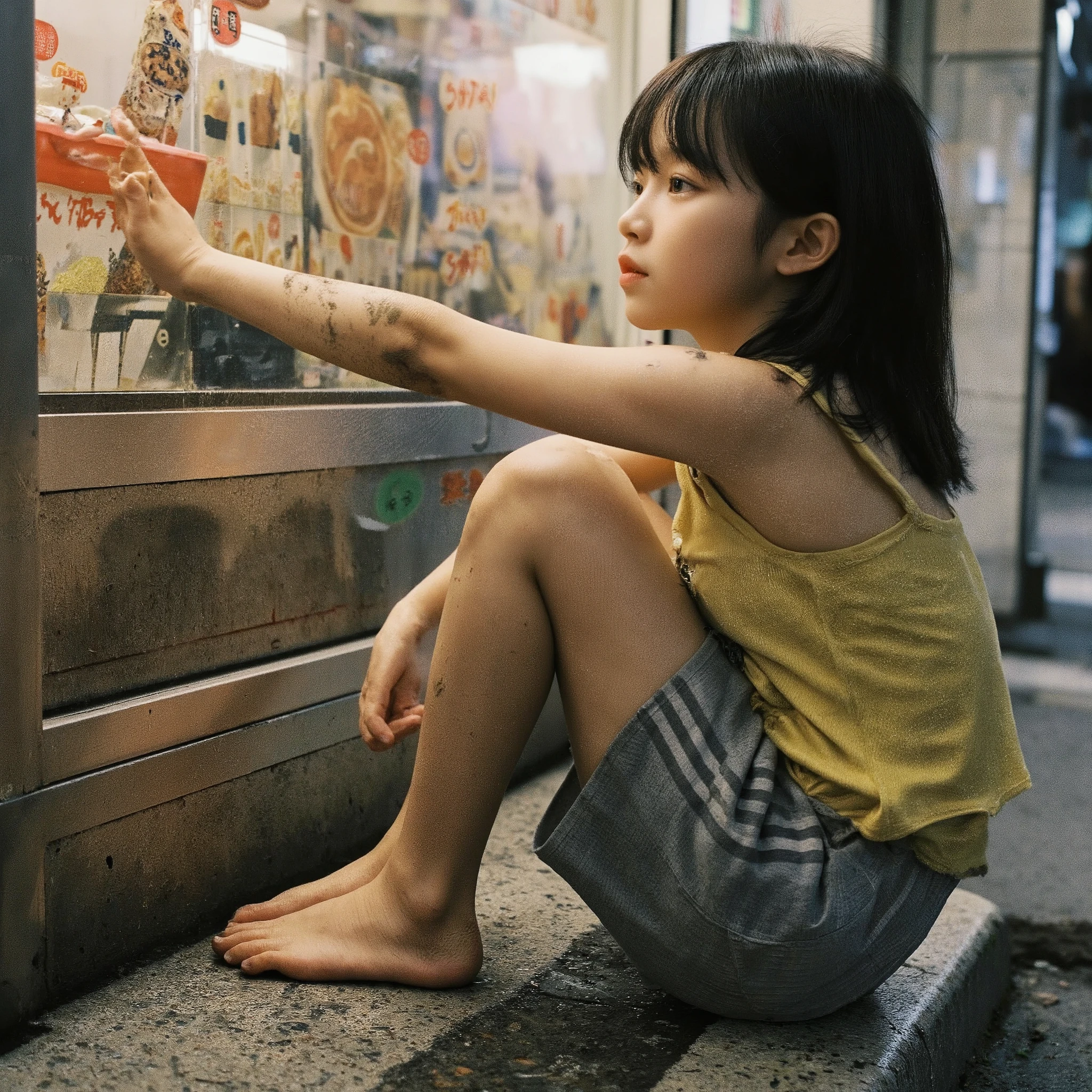 semi-long hair,Hairstyle with visible ears, with bangs,「Elementary school girl」, dirty yellow tank top sitting on the corner of the sidewalk,Shinjuku,I'm staring at a restaurant display from the sidewalk, Snapshot, rough skin,Dirty Skin, taken from the side, dirty gray jersey shorts,dirty bare feet