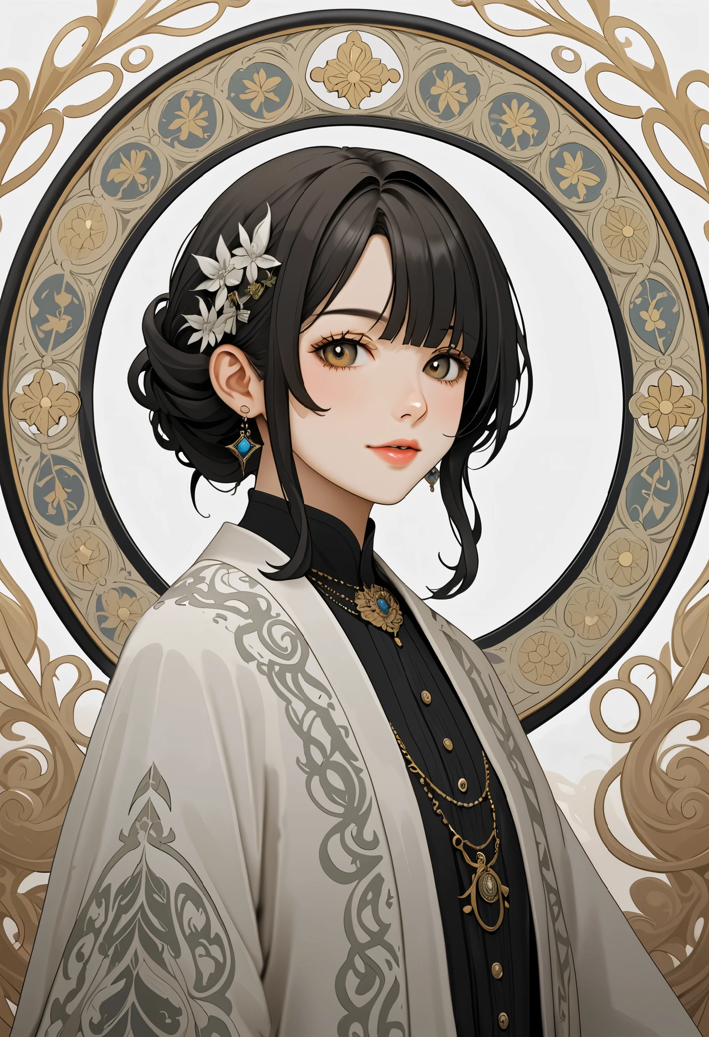 ,A cinematic shot of a fantasy beauty, anime style fantasy art, art nouveau inspiration, set against a white background., amidst a melting pigments effect with dripping paint and multicolour splashes surrounding the art. ,velvet_myst