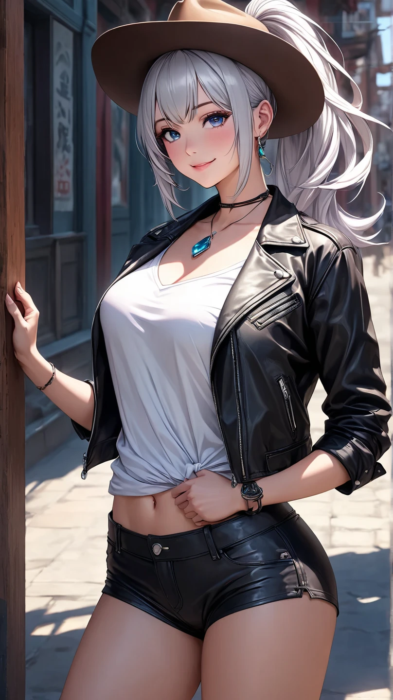 Adult girl, long white hair, cat ears, cat tail, multi-colored eyes, heterohromia, left eye purple, right eye turquoise, red learher ripped spike jacket, white tight top, purple print, blue shorts, lot of tattoo, scars, open belly, small breasts, wide neckline, boob window, window in chest, little muscles, smirk, claws, hands behind head, Masterpiece, best quality, Full HD, 8k, ultra details, great graphic
