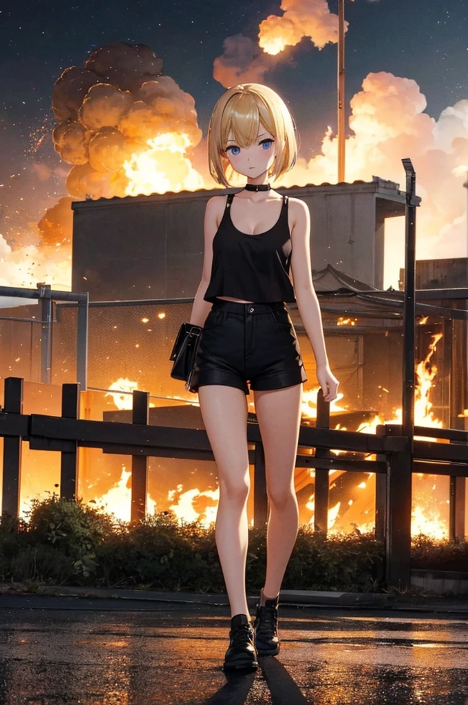 during night、Explosions and flames at an airbase、fence、Building exploding in flames、Show your ass and turn around、cute blonde girl、cute face、elegant sleek smooth body、full body Esbian、Short bob hair、a blond、blue eye rack tank top、sexy black shorts、Wearing black shorts、 cleavage