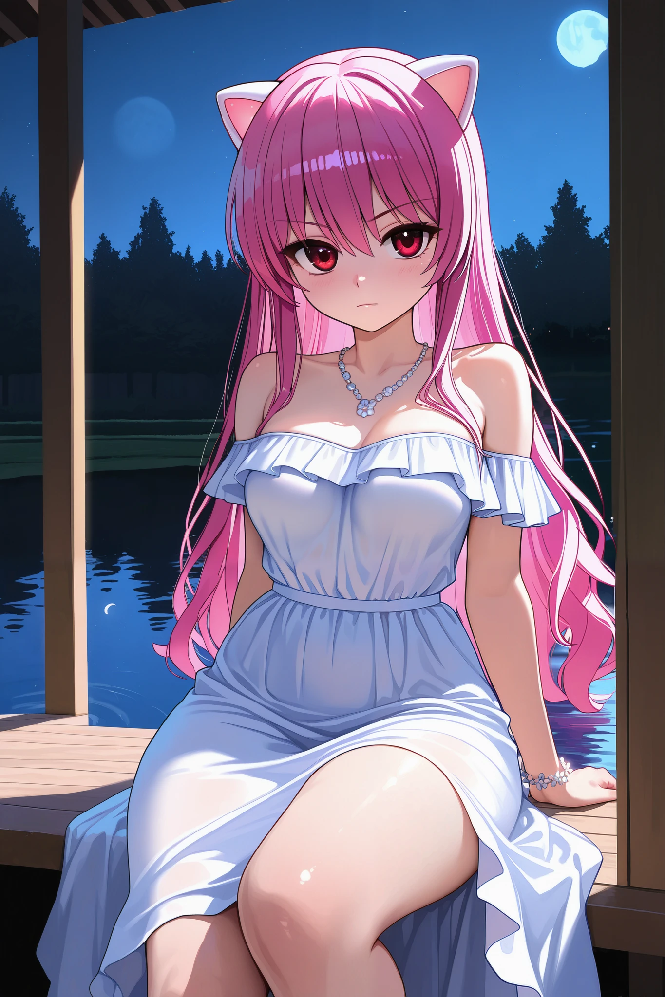  Lucy from Elfen Lied , Fuchsia hair, Ojos rojos,  medium breasts, slim,  thick thighs,  big butt,   white princess dress, corona,  small horns, neckline,  pretty necklace , showing shoulders,  look at the viewer ,  serious look,  Slight Smile, Evening, Moon reflected in the lake , garden,  hand resting on the porch . pretty bracelet , ultra quality,  comes out a lot of detail, pretty face,